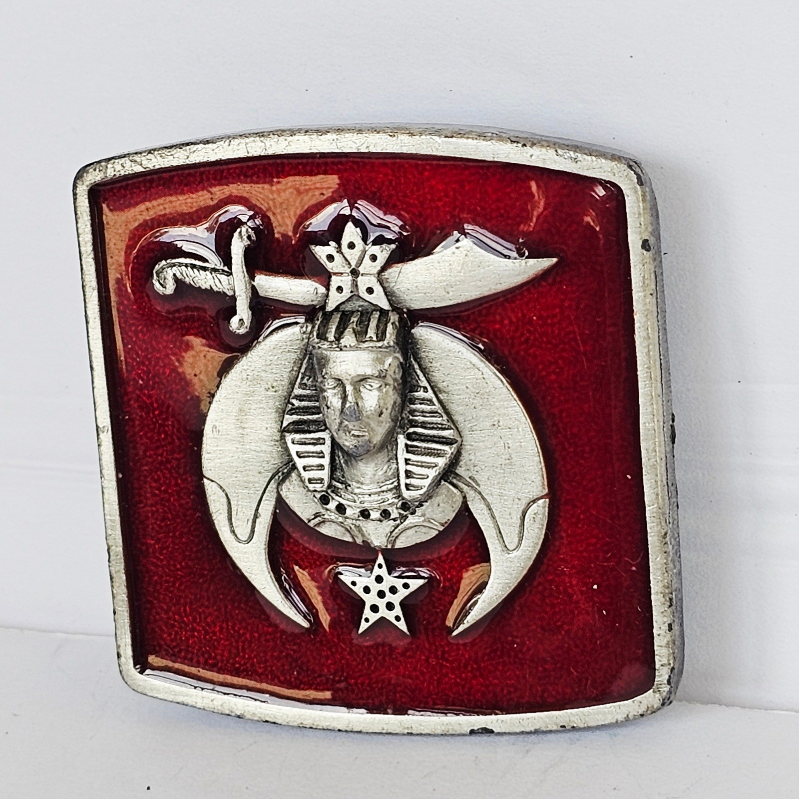 1984 Bergamot Brass Works Shriners Masonic Belt Buckle Red Enamel X-147 Vintage