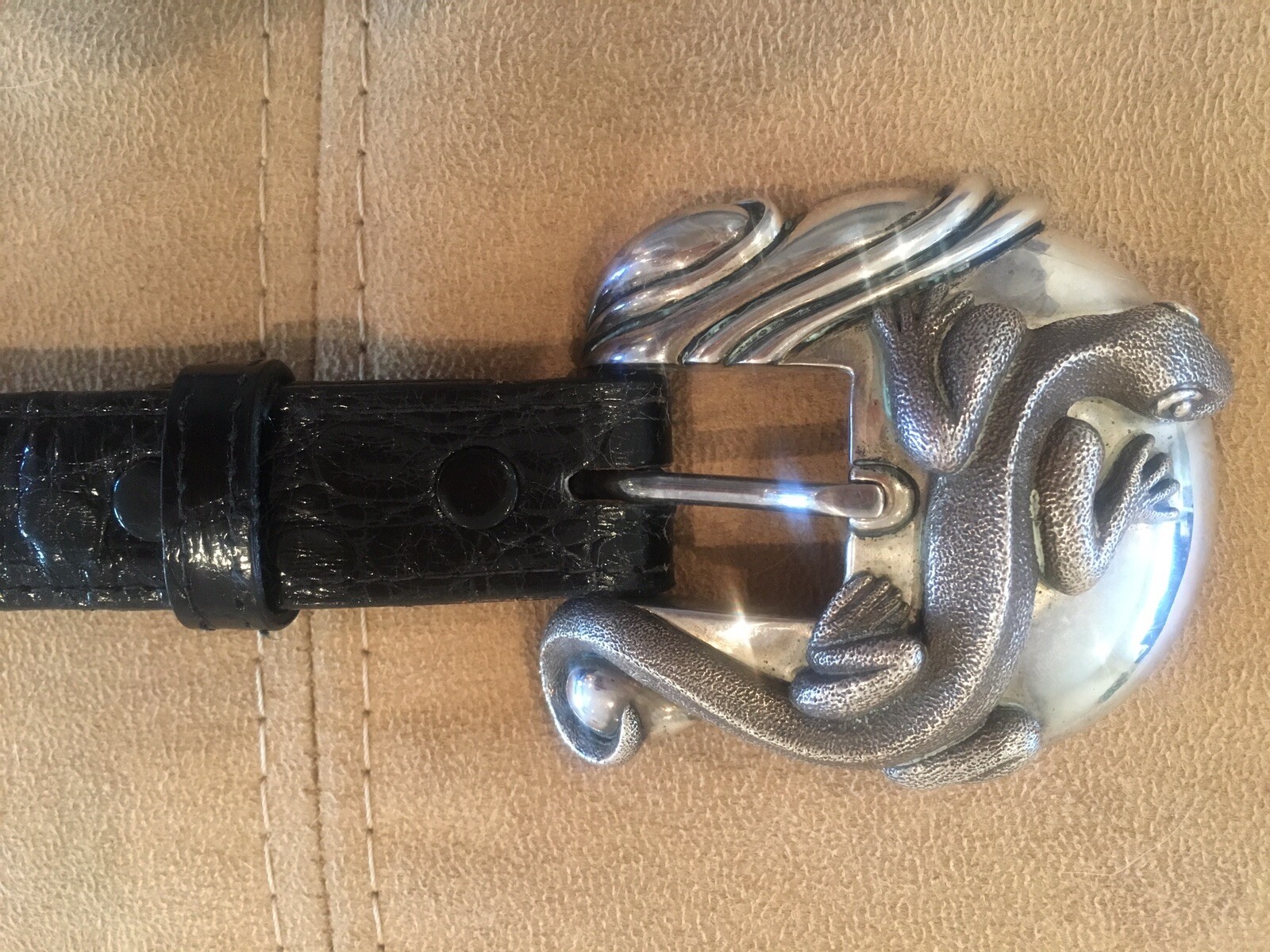 Rare! Kieselstein-Cord Sterling Salamander Buckle W/Black Alligator Belt Size 2