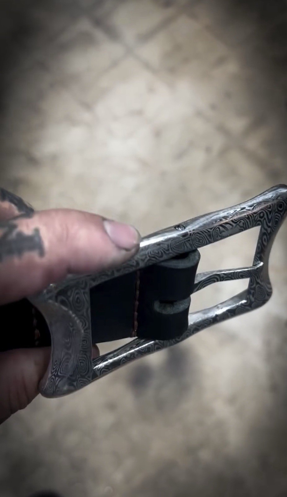 One-off customized 1.5” Damascus Steel Buckle With English Bridal Leather Belt
