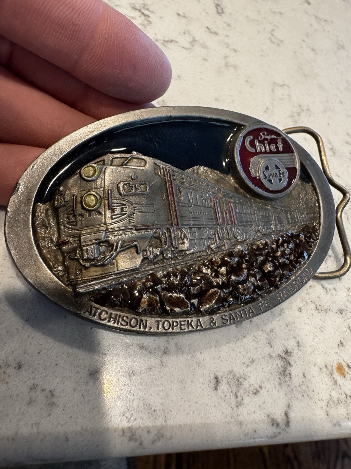 Vtg Super Chief Atchison Topeka & Santa Fe Railroad ATSF Pewter Belt Buckle BHN