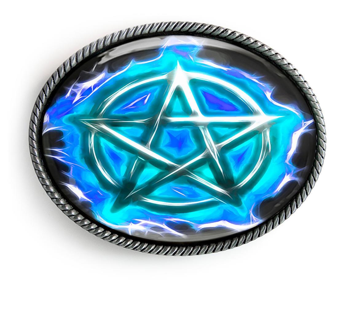 Ice Blue Pentagram Belt Buckle – Gothic Flames Men Women Handmade Belt Buckle