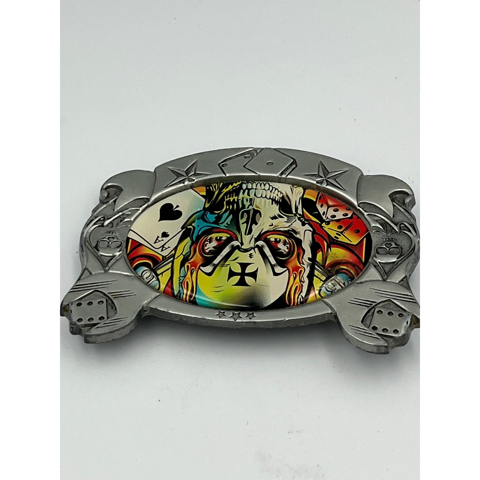 D.Vicente Skull Dice Ace Belt Buckle Colorful Tattoo Iron Cross Biker