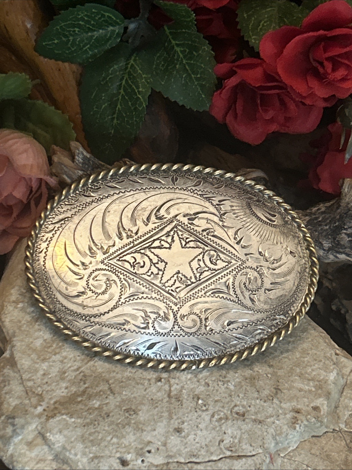 57. Vintage 925 Hand Engraved STAR Swirl Brass Rope Framed Oval Buckle 50.4g