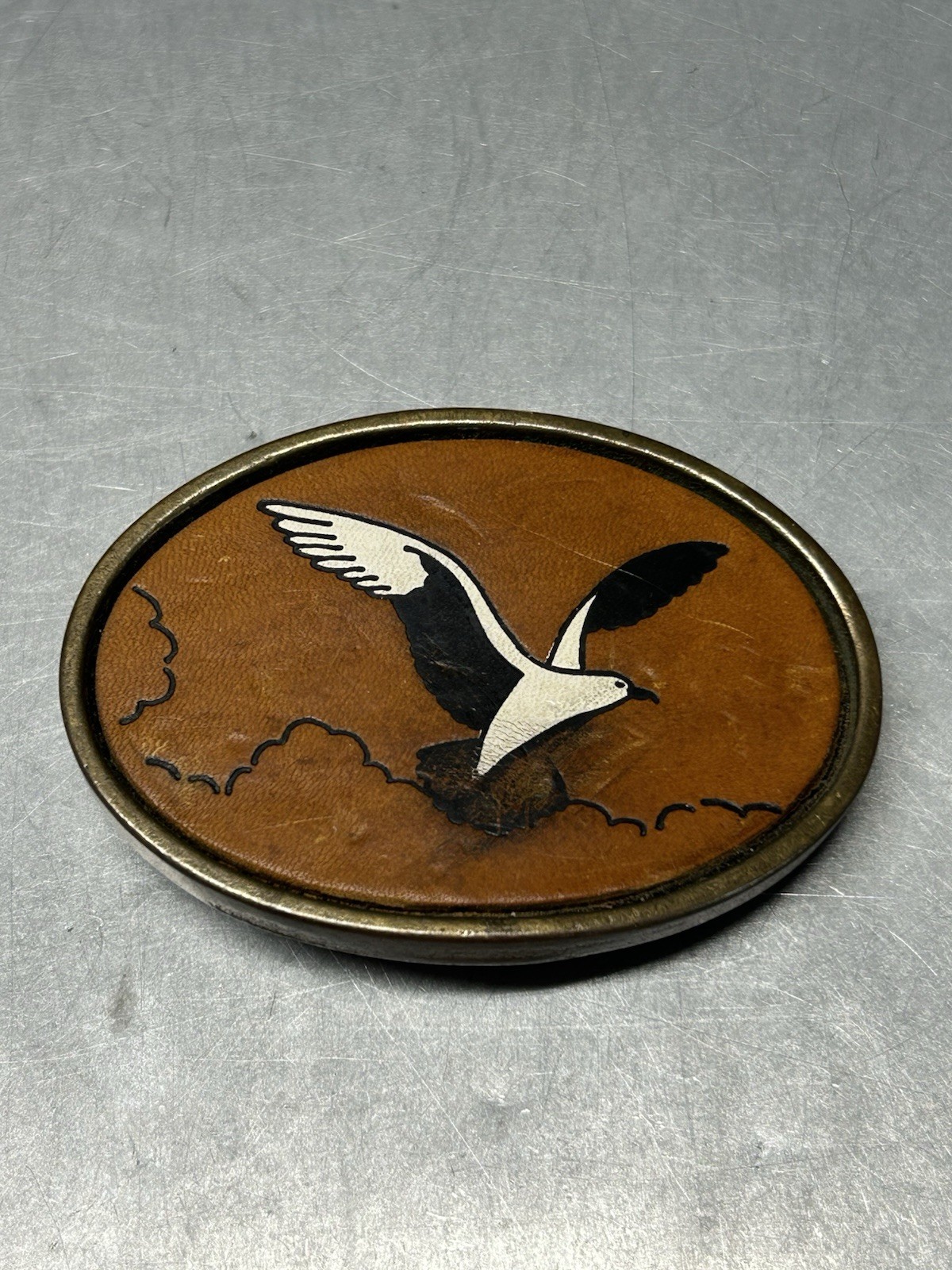 Leather Embossed Hand-Painted Flying Seagull Solid Brass Belt Buckle