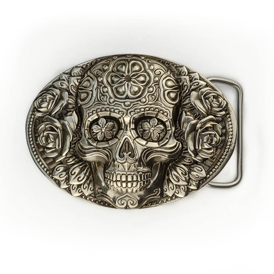 Santa Muerte german silver belt buckle, Skull El Día de Muertos belt buckle