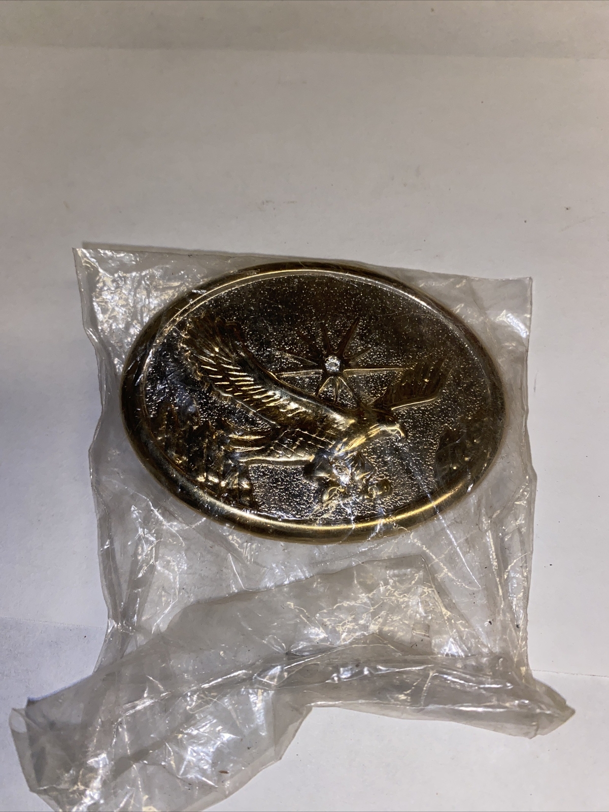 Eagle in Flight with Rhinestone Star 3 Dimensional Gold Tone Belt Buckle