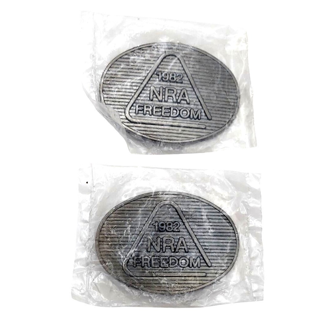NRA Freedom Pewter Oval Belt Buckles Set Of 2 Collectible NOS Vintage 1982
