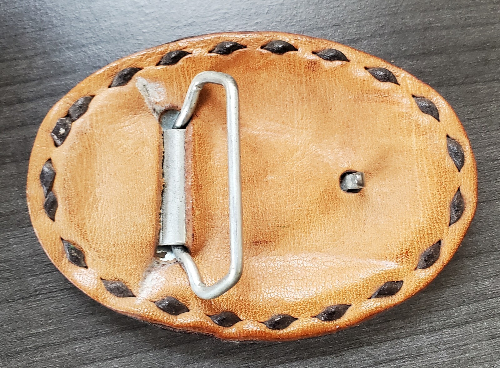 Vintage Leather Brown Stitch Hand Painted Eagle Head Engraved Belt Buckle
