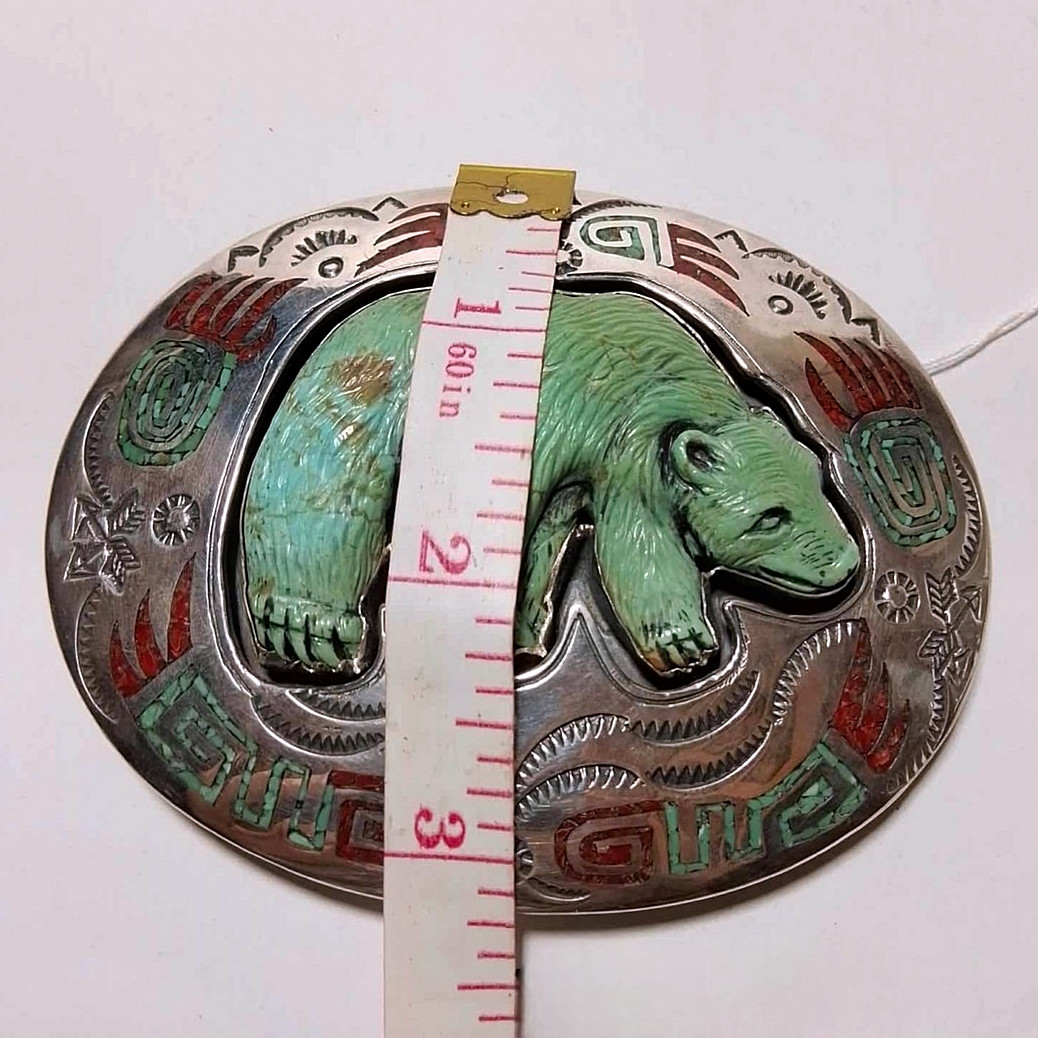American Style Hand Carved Bear Turquoise Sterling Silver Belt Buckle – 1.5&Prime;