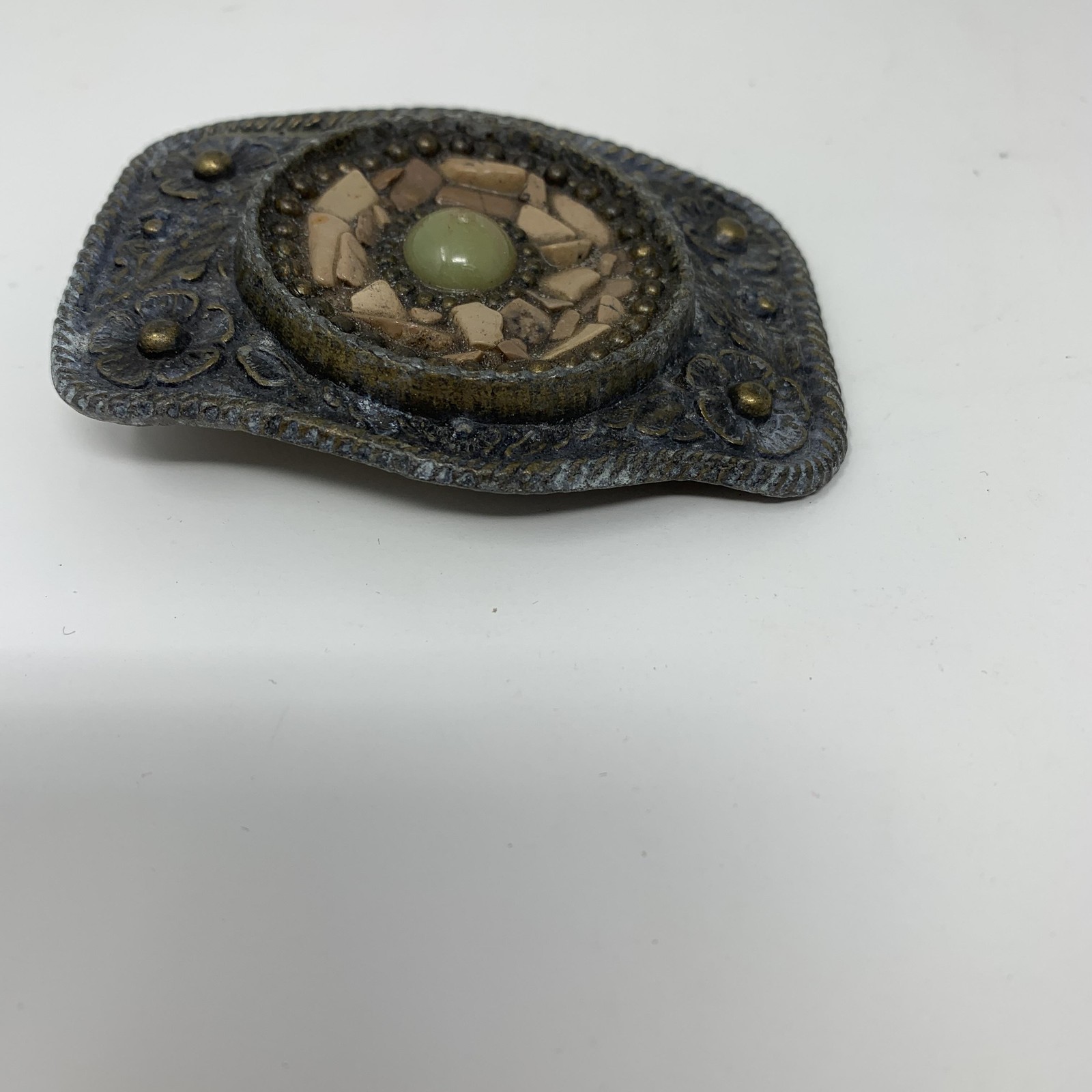 Western Belt Buckle Mens Gray Floral Metal Beaded Stone Mosaic Cowboy Rustic