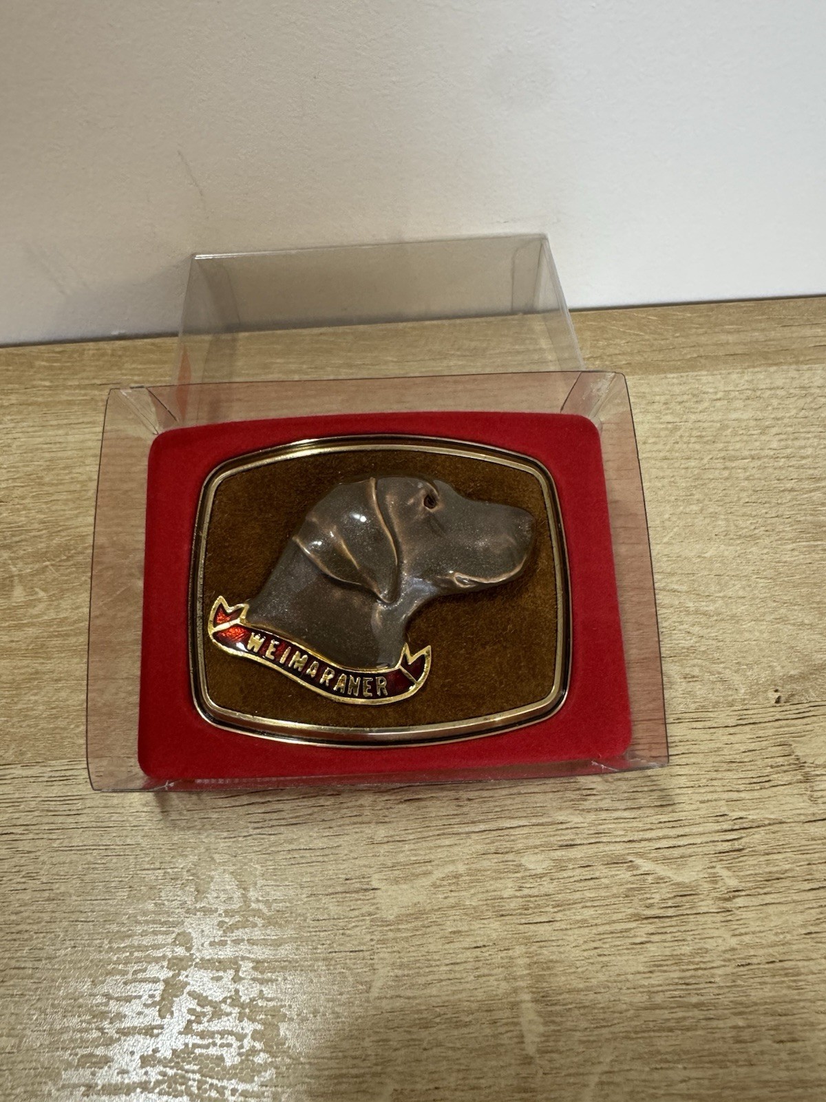 Vintage Raintree 1979 Suede Leather Weimaraner Dog Belt Buckle Brass New In Box