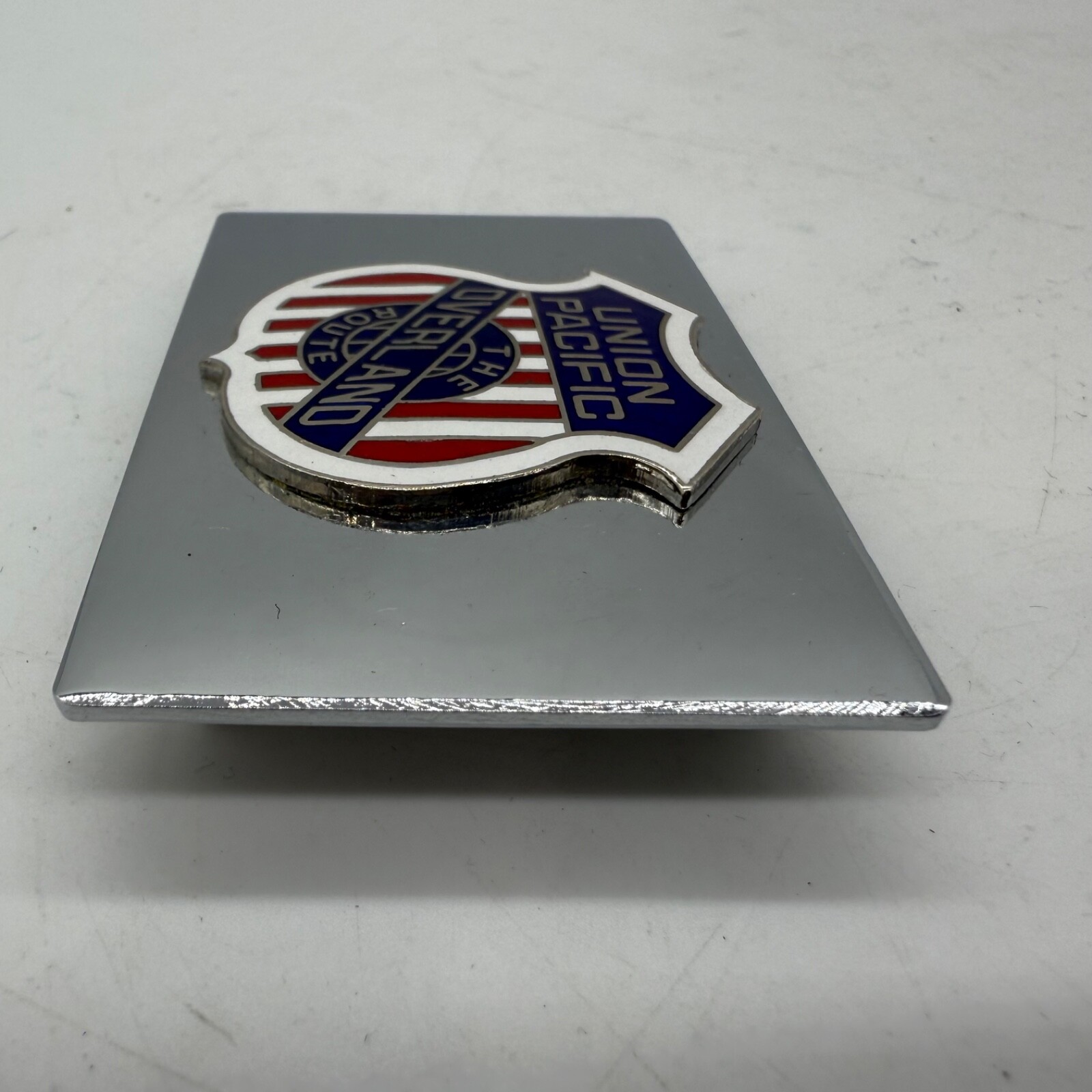Union Pacific The Overland Route Chrome Mirror Belt Buckle Railroad