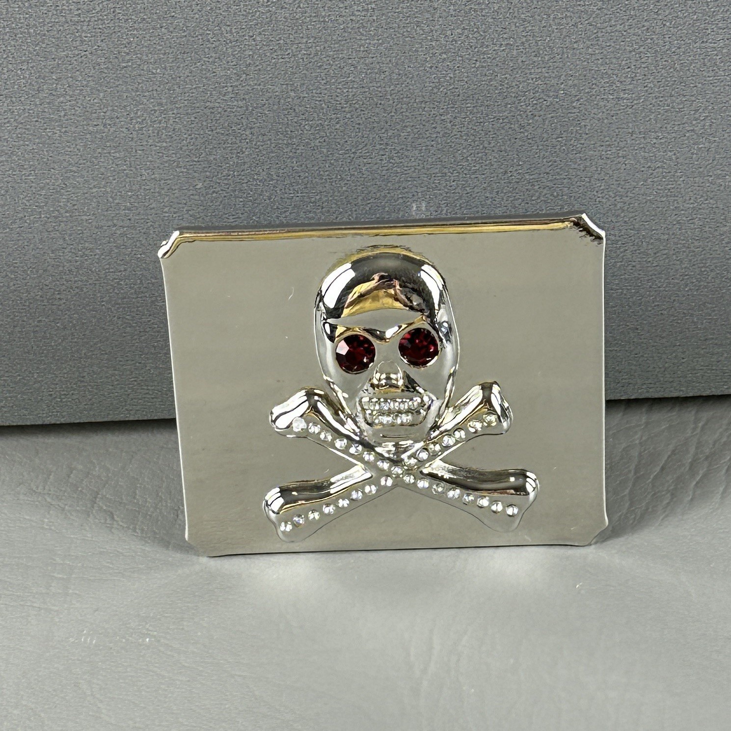 Skull Crossbones Belt Buckle Rhinestone Silver Tone Red Eyes Pirate Goth