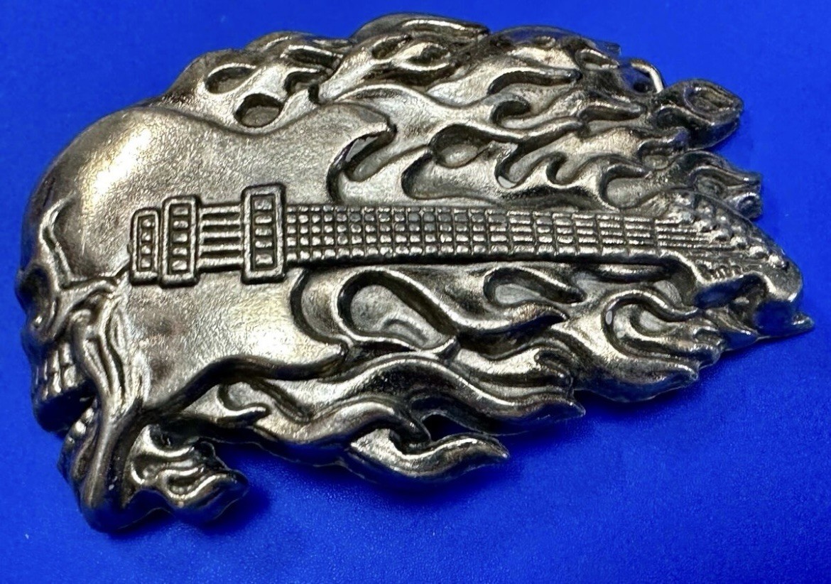 Flaming Electric Guitar Skull Cutout Musician Rock Band Gothic Belt Buckle