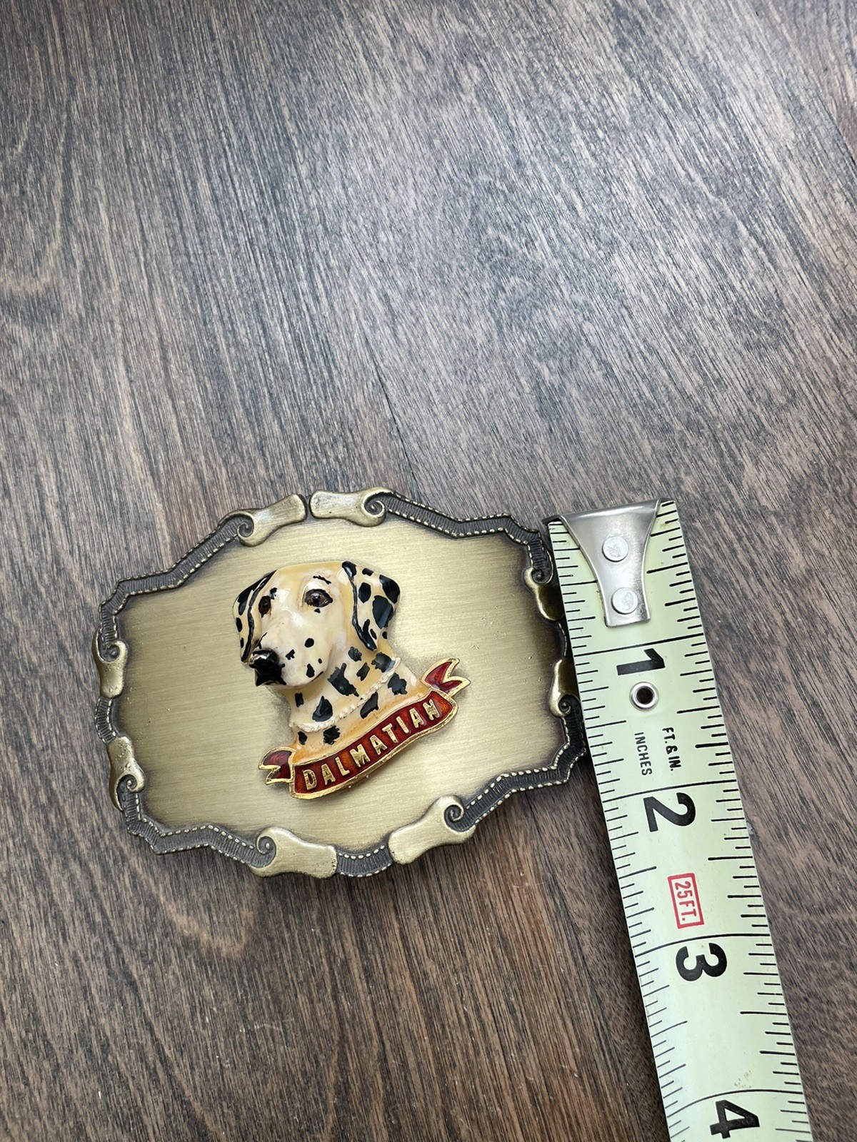 Vintage Raintree Belt Buckle Metal Or Brass 3D Enamel Dalmatian Dog Made USA