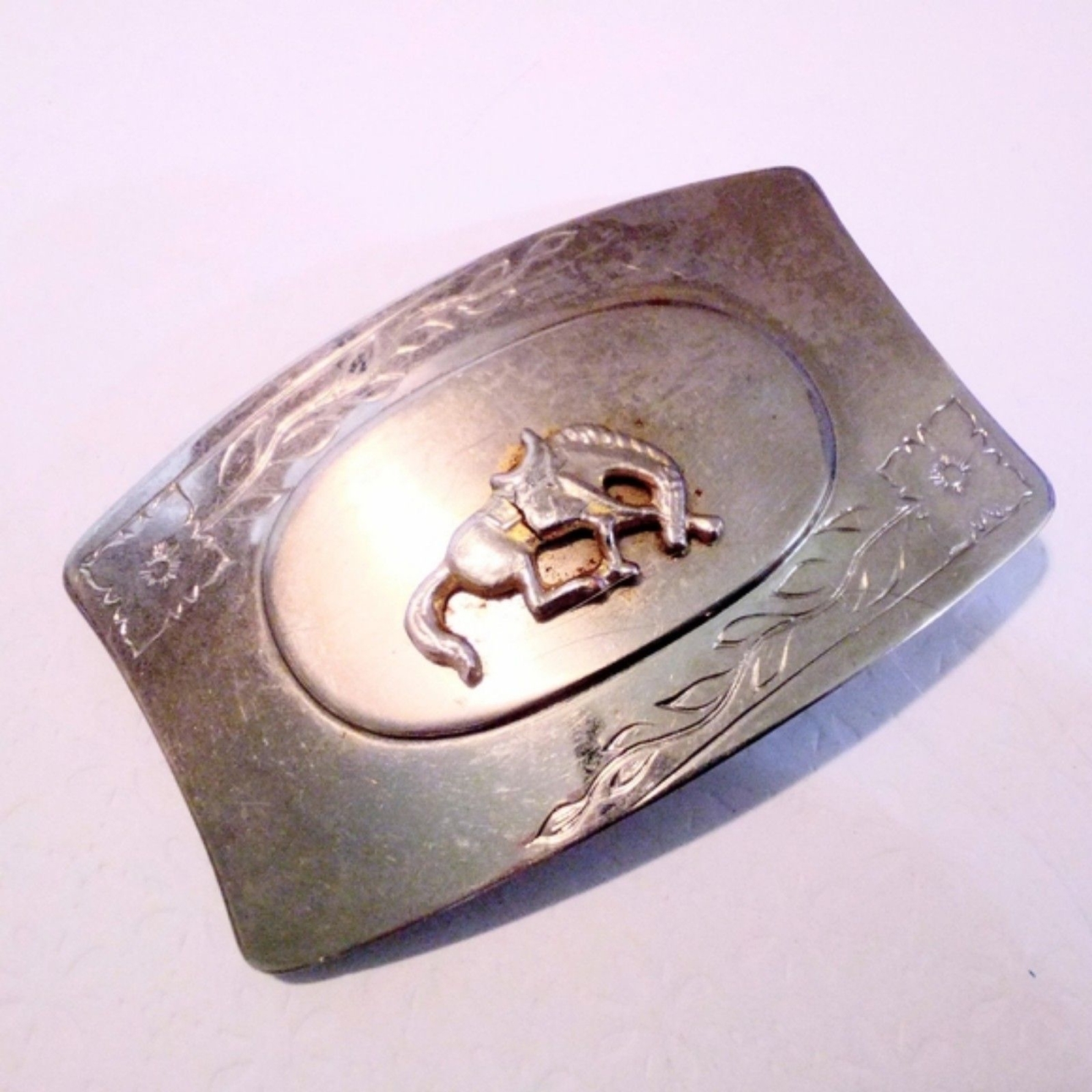 Vintage Western Horse Rodeo Themed Silver Belt Buckle