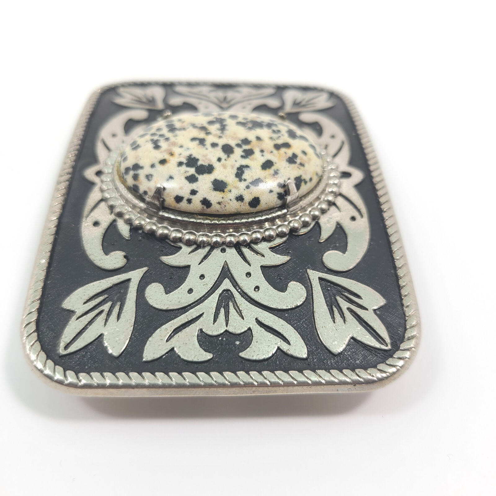 Western Belt Buckle Spotted Stone Center Dalmation Jasper Agate Metal Cowboy Vtg