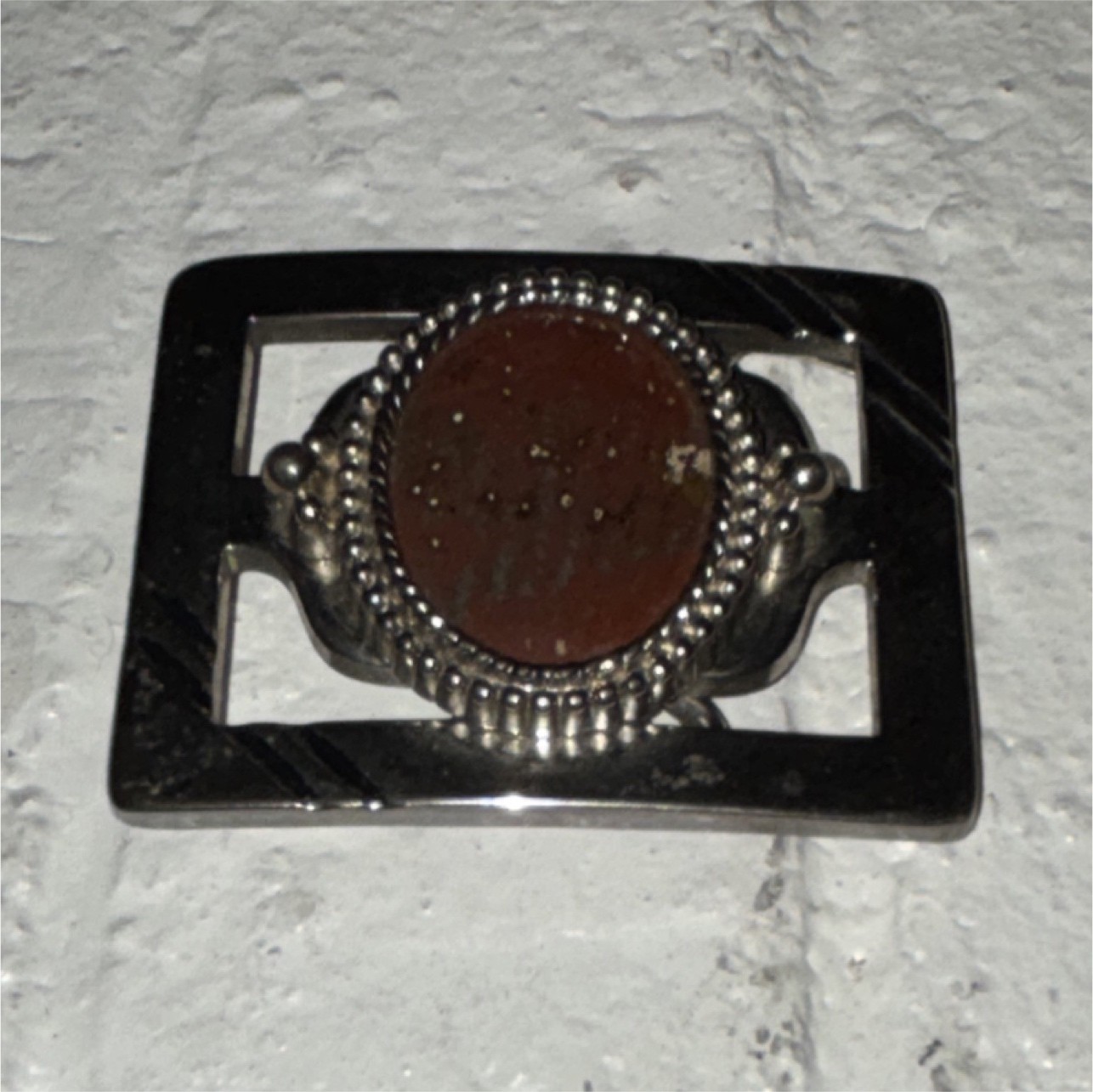 Vintage Silver Metal Western Belt Buckle Rectangular with Brown Stone Accent Men