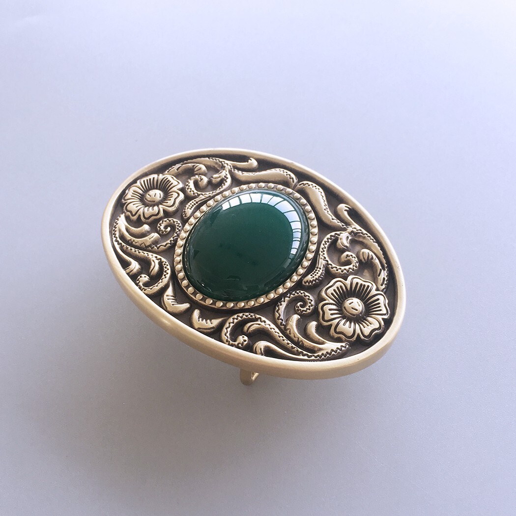 New Western Flower Stone Oval Solid Brass Belt Buckle