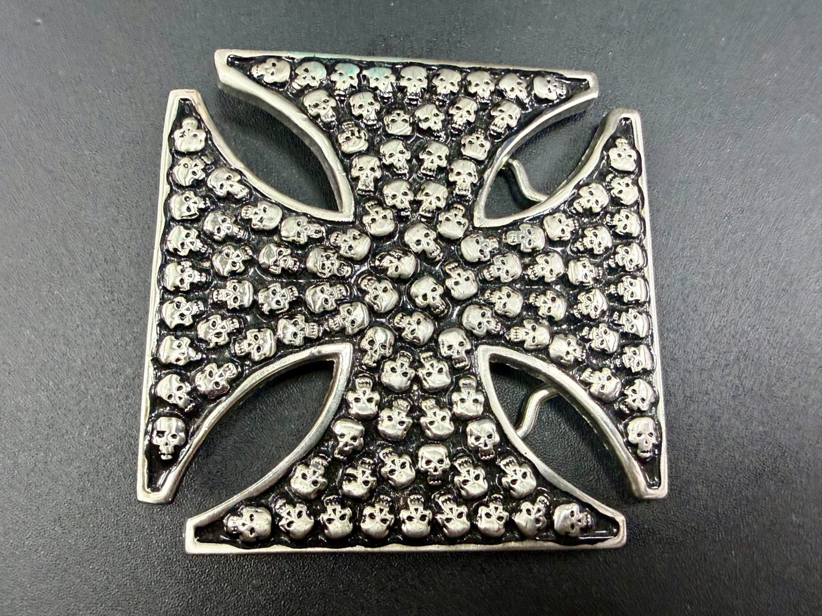 Celtic Iron Cross Shaped with Engraved Tiny Skulls Gothic Cutout Belt Buckle