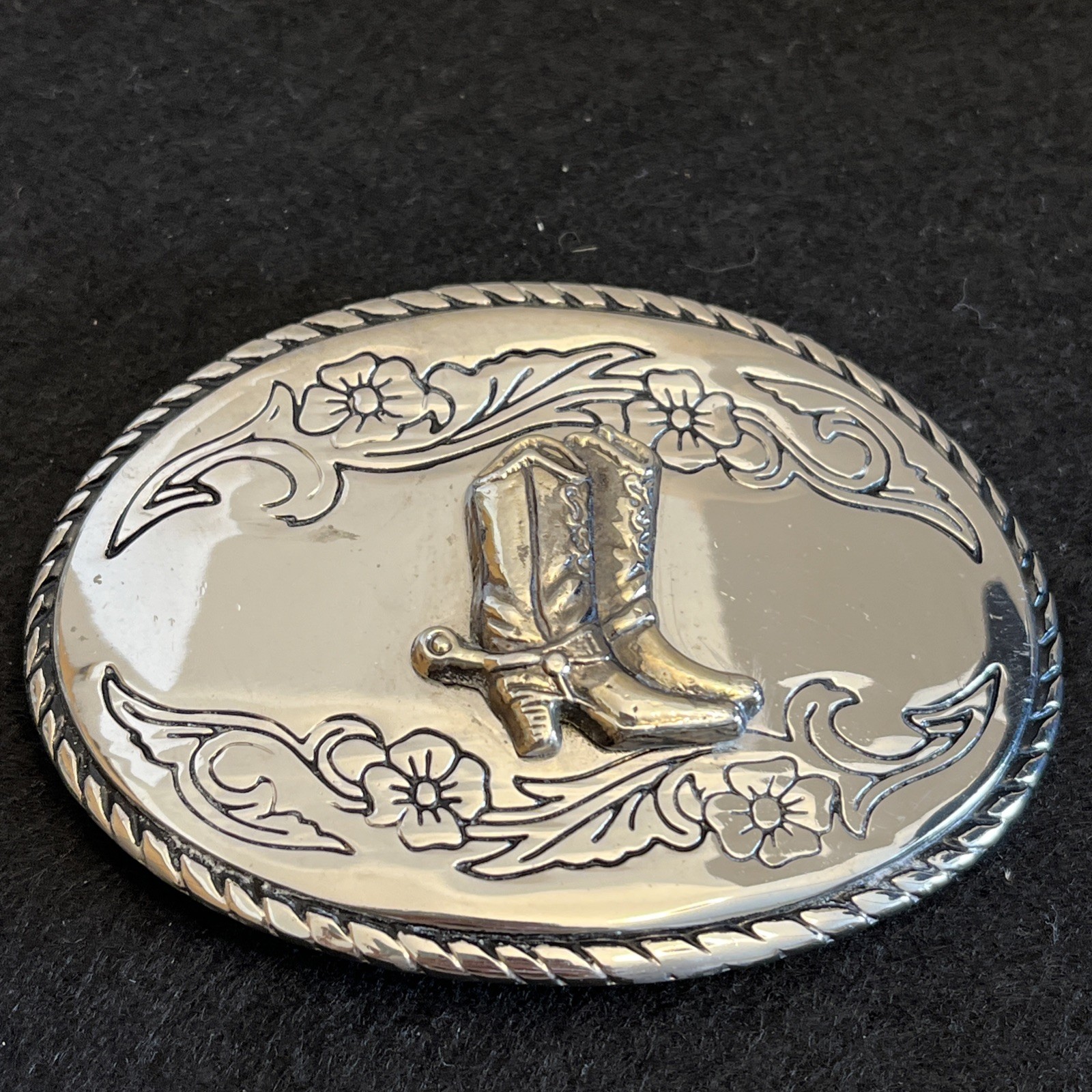 Silver Toned Oval Engraved Western Style Belt Buckle Boots Spurs 3”