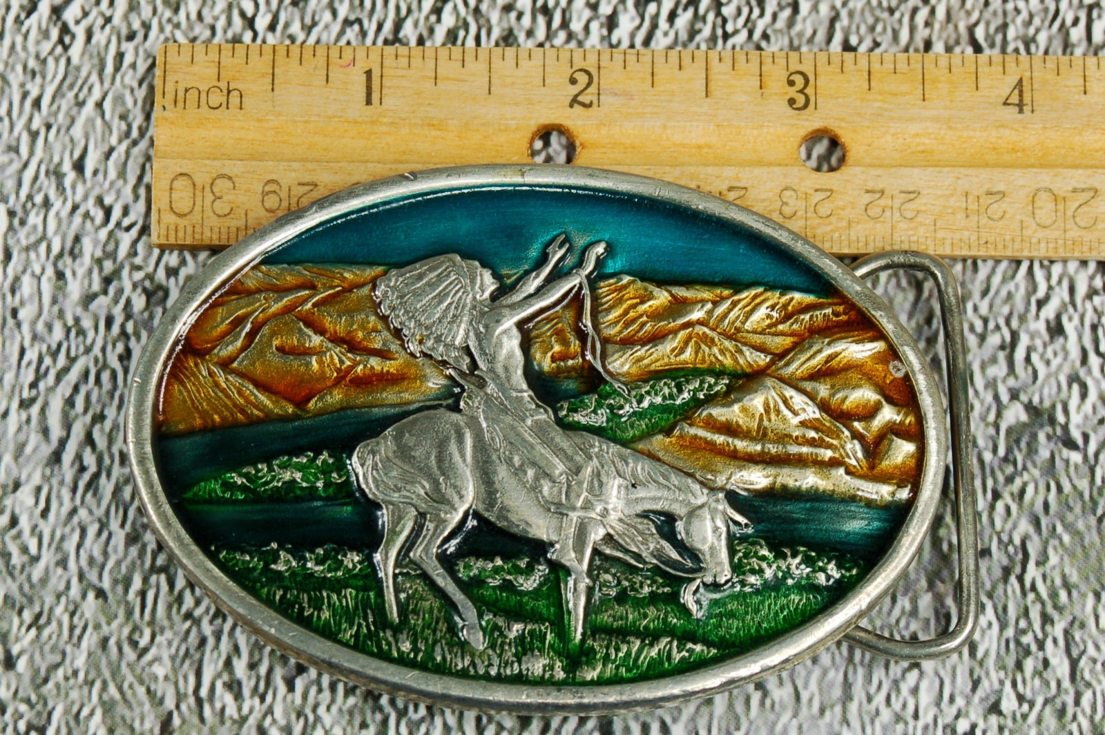 Bergamot Brass vintage Chief Joseph enamel on metal western belt buckle