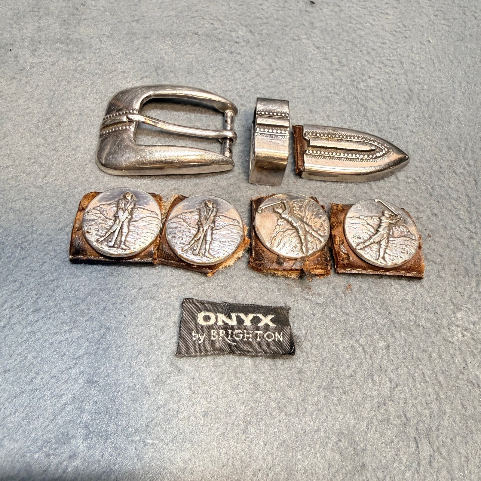 Onyx by Brighton Vintage 1998 Golf Belt Buckle Set Keeper Tip 4 Conchos Silver