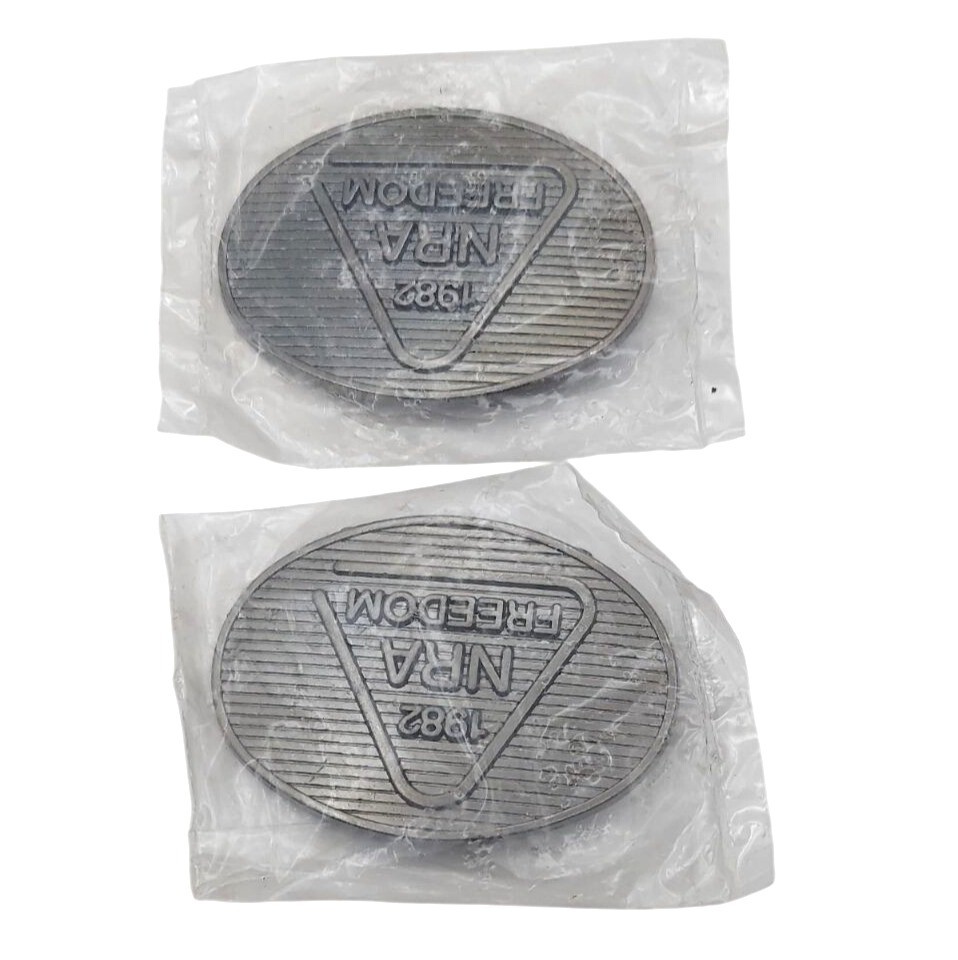 NRA Freedom Pewter Oval Belt Buckles Set Of 2 Collectible NOS Vintage 1982