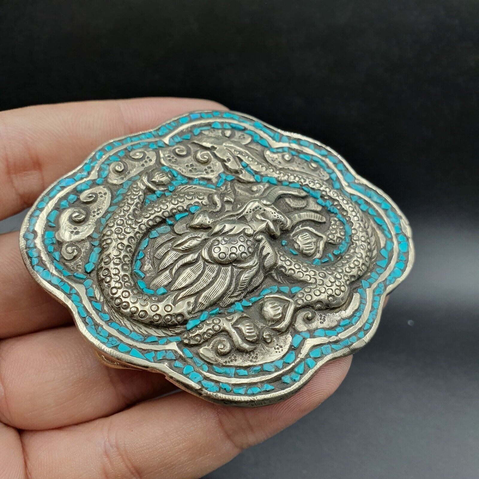AA BIG MEN&rsquo;S VINTAGE Natural Turquoise Metal Silver Gild Engrave Dragon Belt