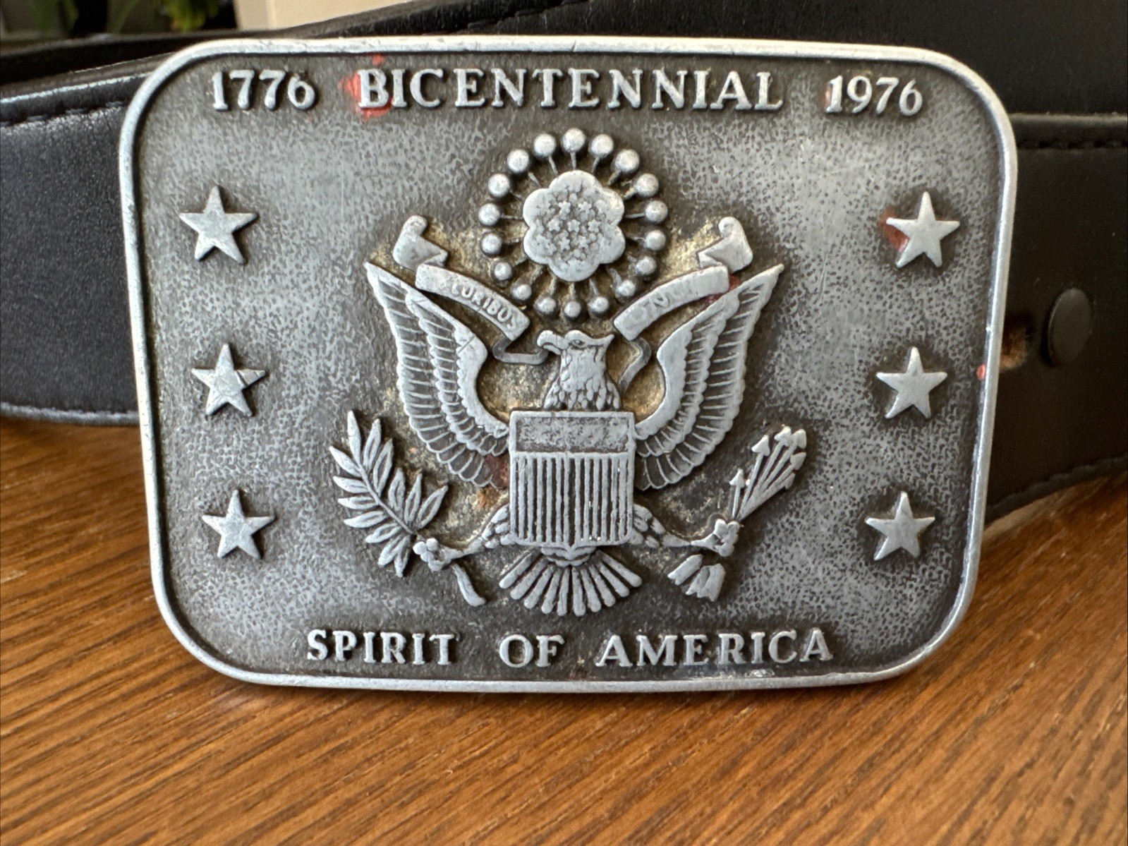 Vintage 1776 Bicentennial America Belt Buckle JUSTIN LEATHER BELT 38” Black USA