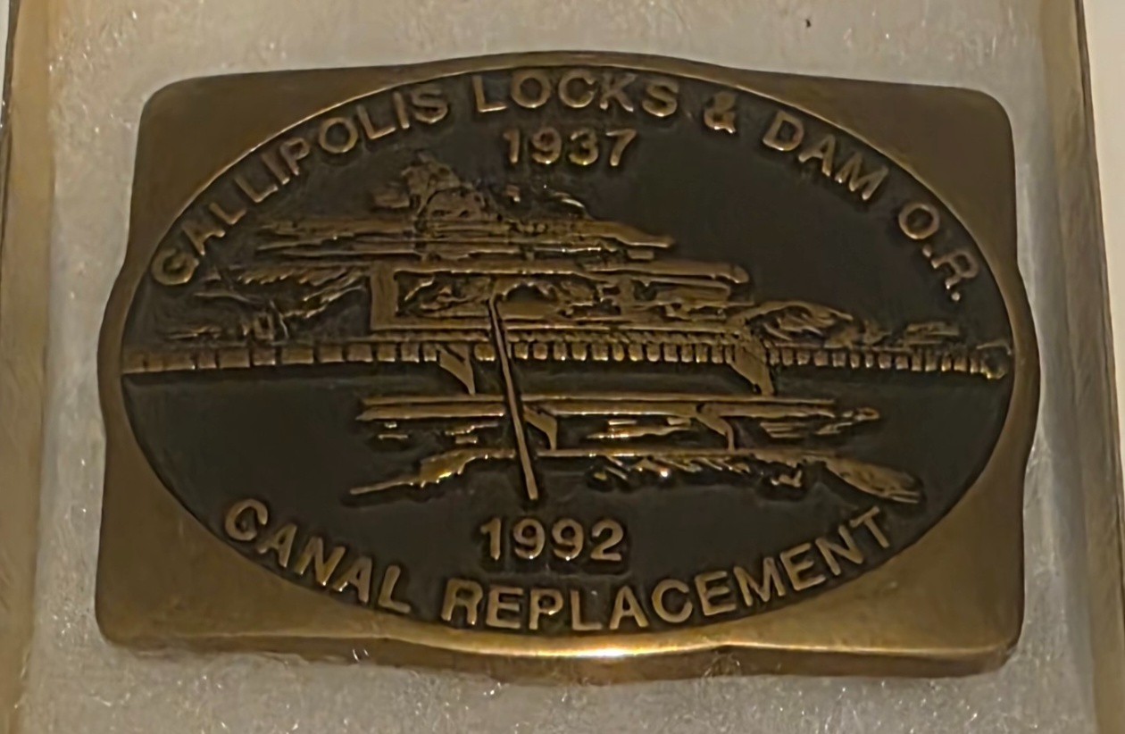 Vintage 1992 Metal Belt Buckle, Solid Brass, Gallipolis Locks & Dam, Canal