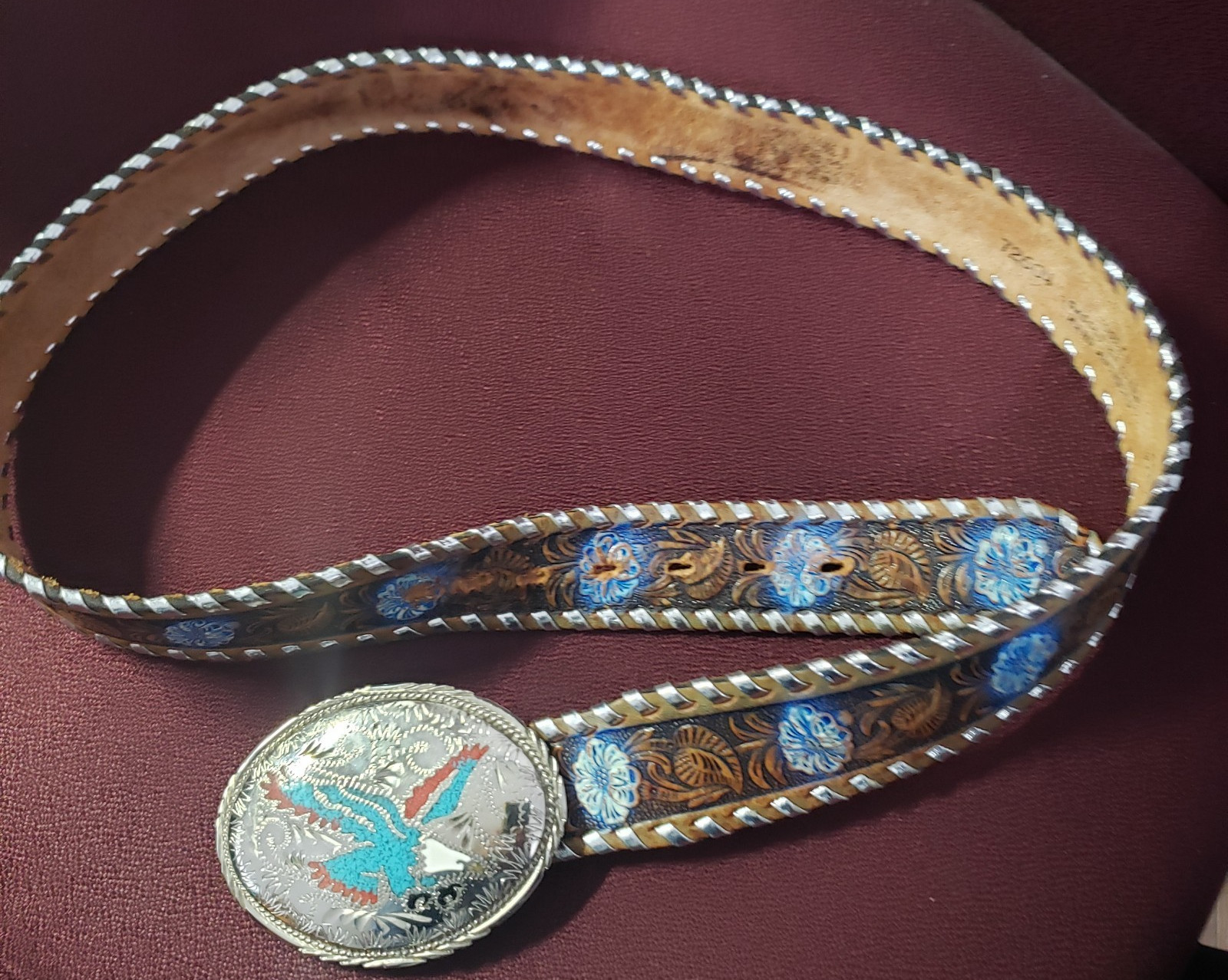 Silver Toned Metal Eagle Belt Buckle Leather Hand Tooled Belt Cowboy Rodeo READ