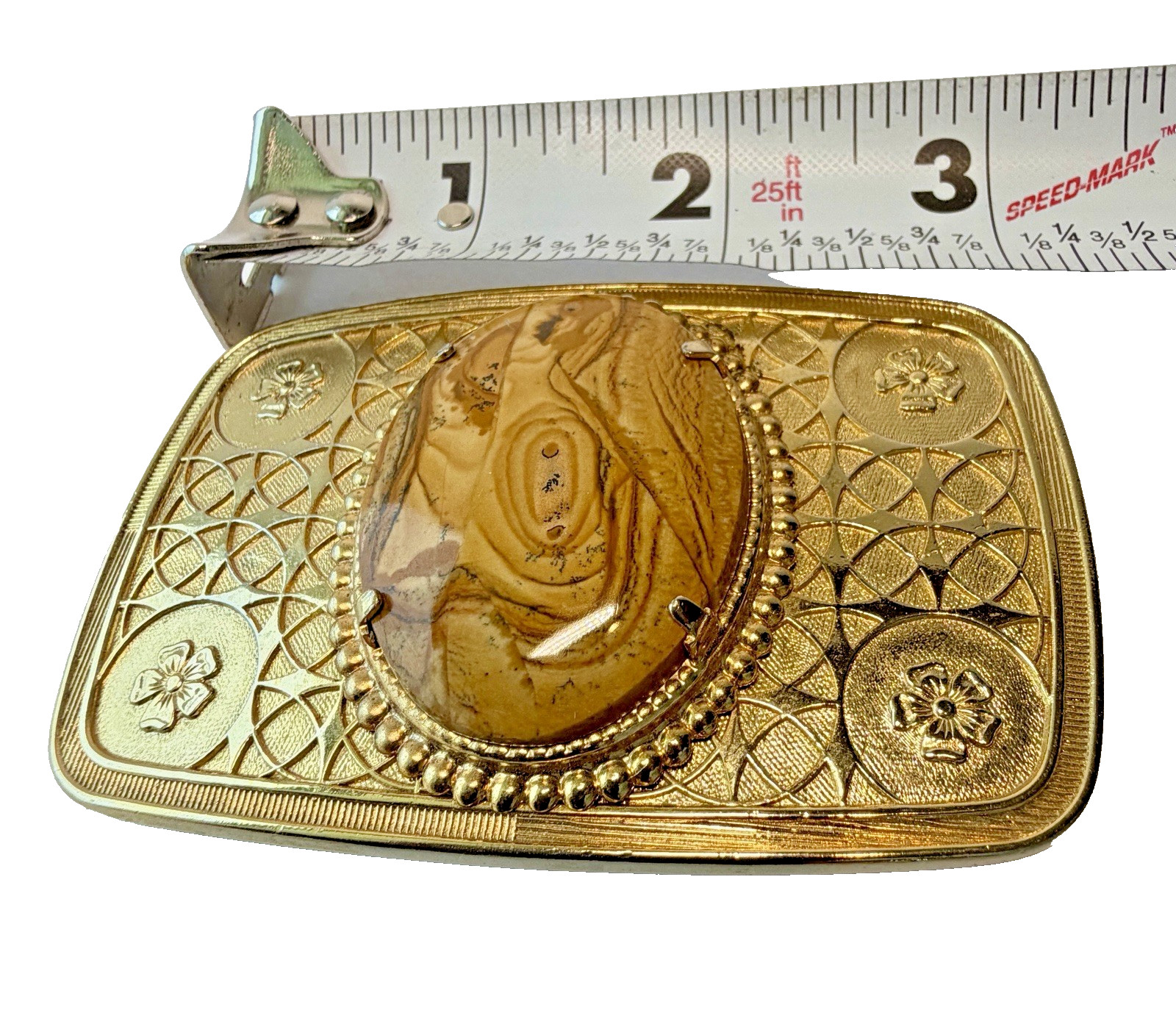 Vintage 1970 Western Belt Buckle Gold Tone Picture Jasper Cabochon Filigree Boho