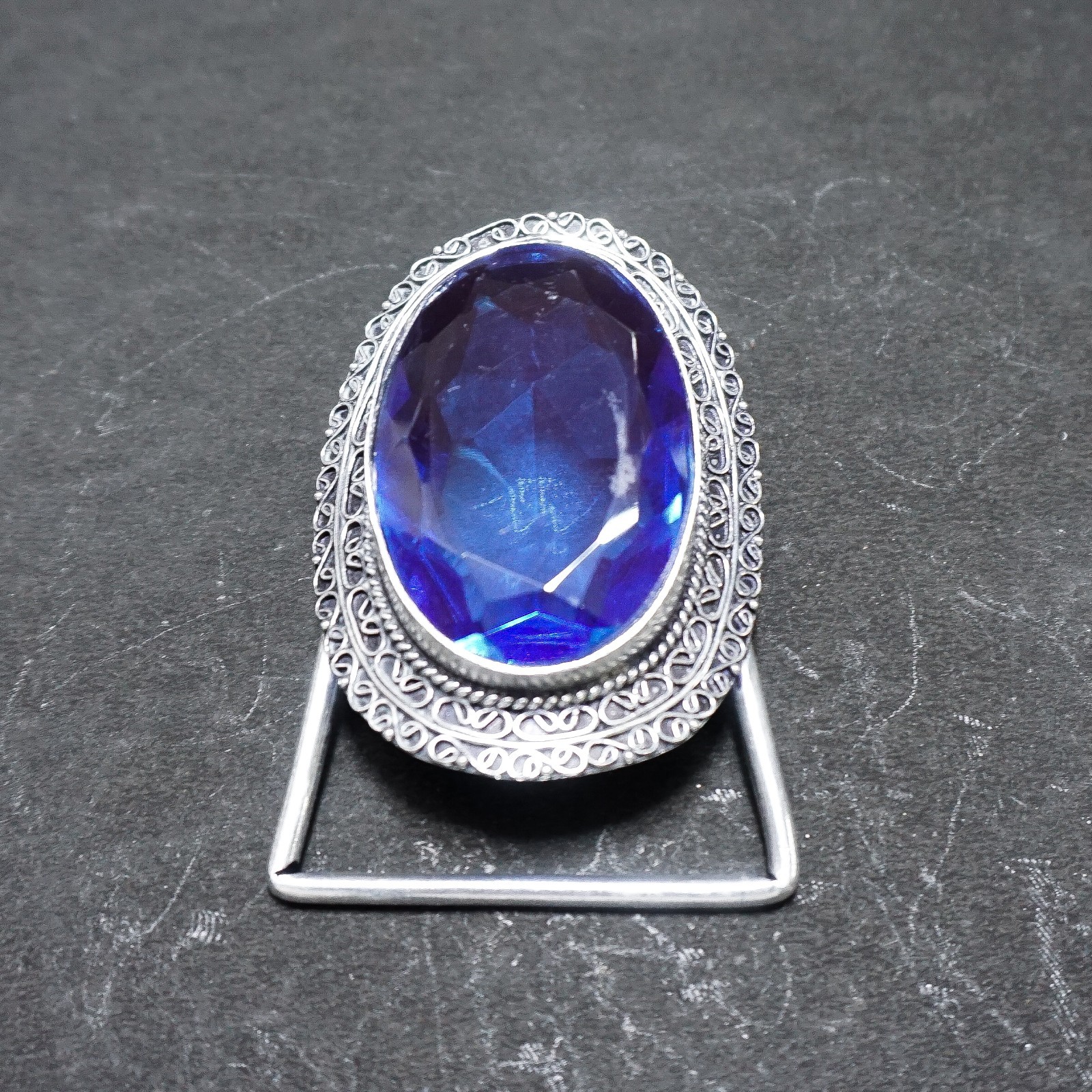 Blue Sapphire Belt Buckle Silver Plated Filigree Western Boho Statement Men