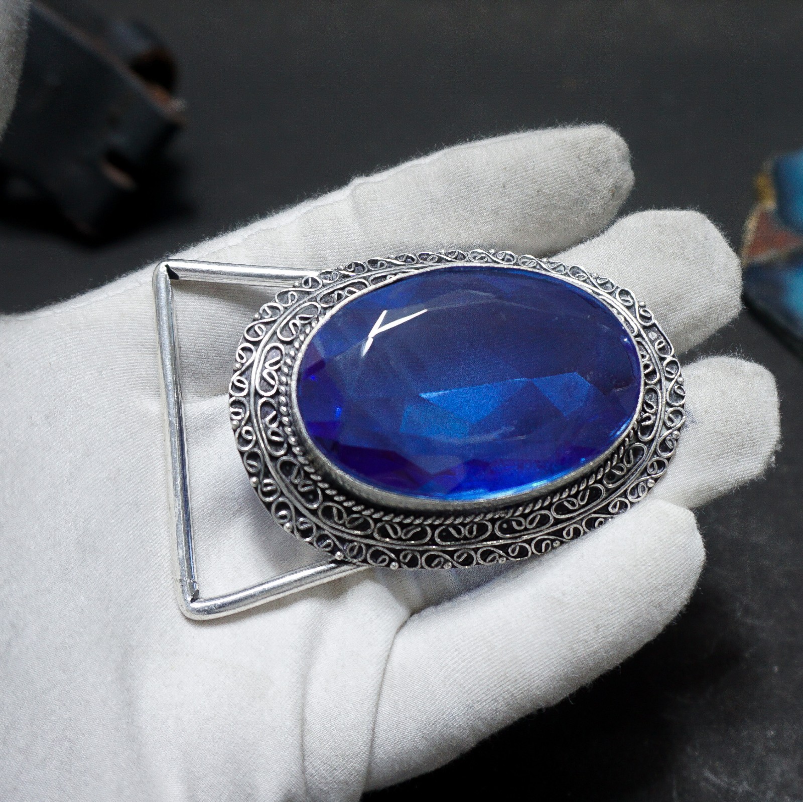 Blue Sapphire Belt Buckle Silver Plated Filigree Western Boho Statement Men