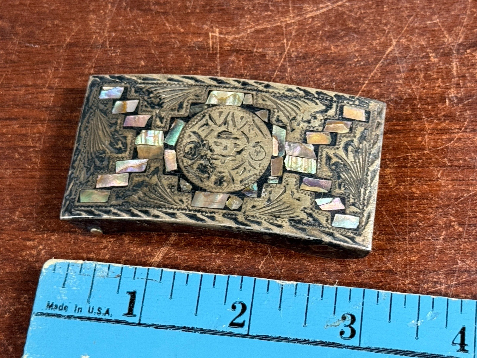 Vintage Victoria Mexico Alpaca Silver Abalone Inlay Aztec Calendar Belt Buckle
