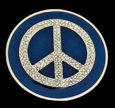 Peace Sign Belt Buckle Love Era Hippie Hippy Blue Rhinestones Belts Buckles