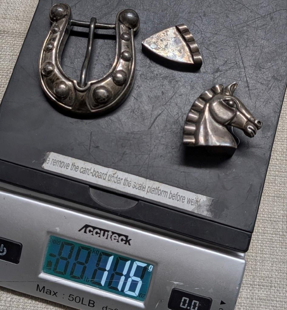 vintage KIESELSTEIN CORD belt buckle set STERLING SILVER horse-shoe 3PC western