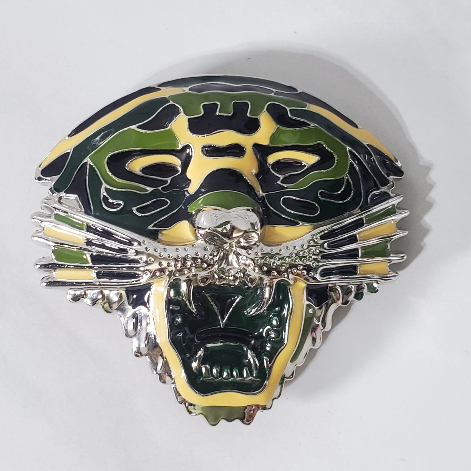Tiger Face Belt Buckle Oversized Silver Finish Metal Green Yellow Fashion Buckle
