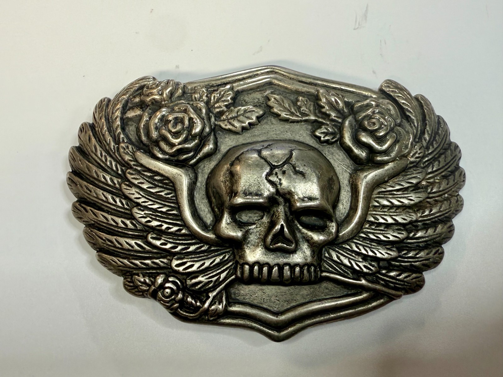 Skull with Wings Roses Halloween Gothic Punk Biker Vibe Silver Tone Belt Buckle
