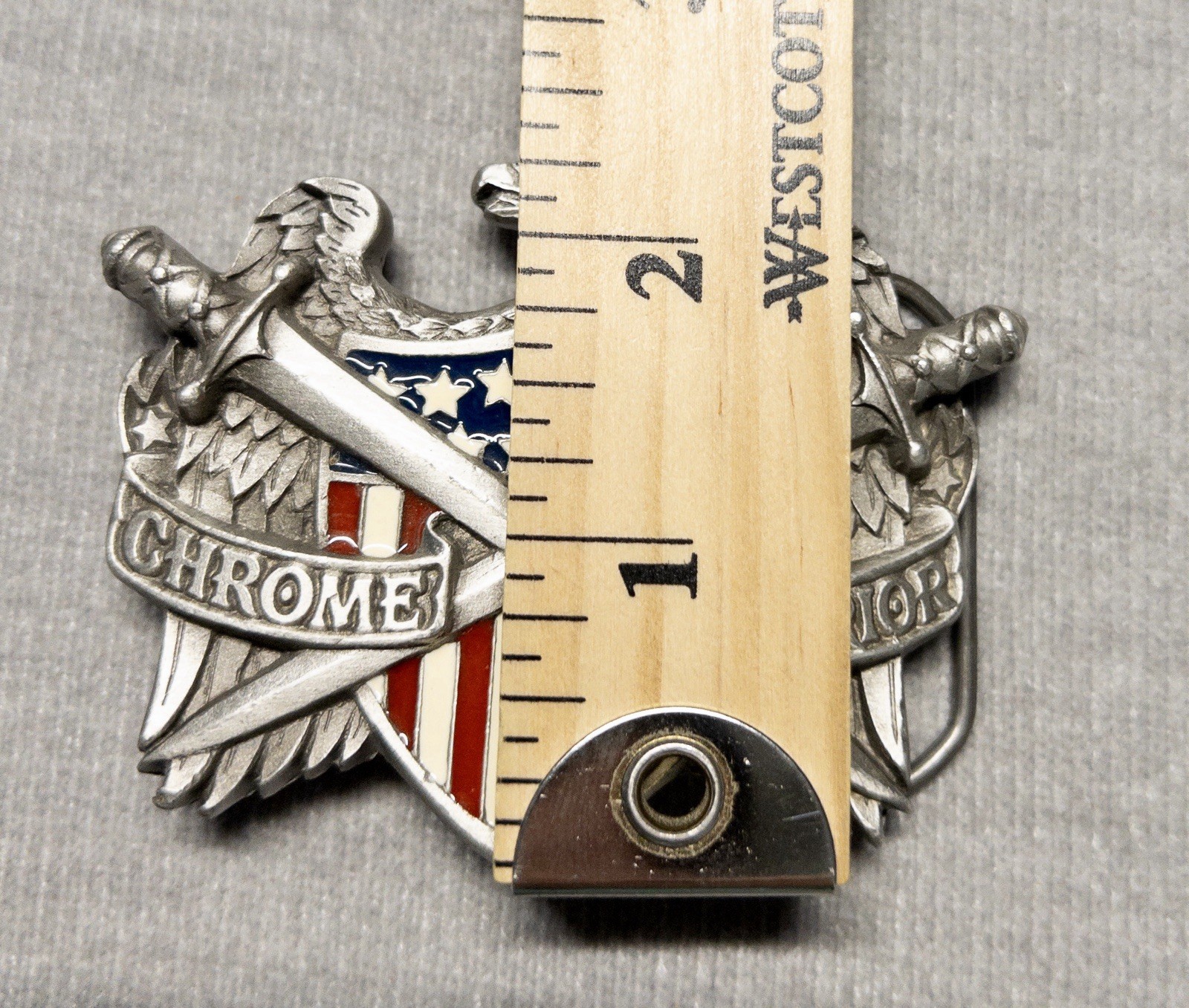 VINTAGE CHROME WARRIOR BIKER BELT BUCKLE EAGLE FLAG AND CROSSED SWORDS RESIN