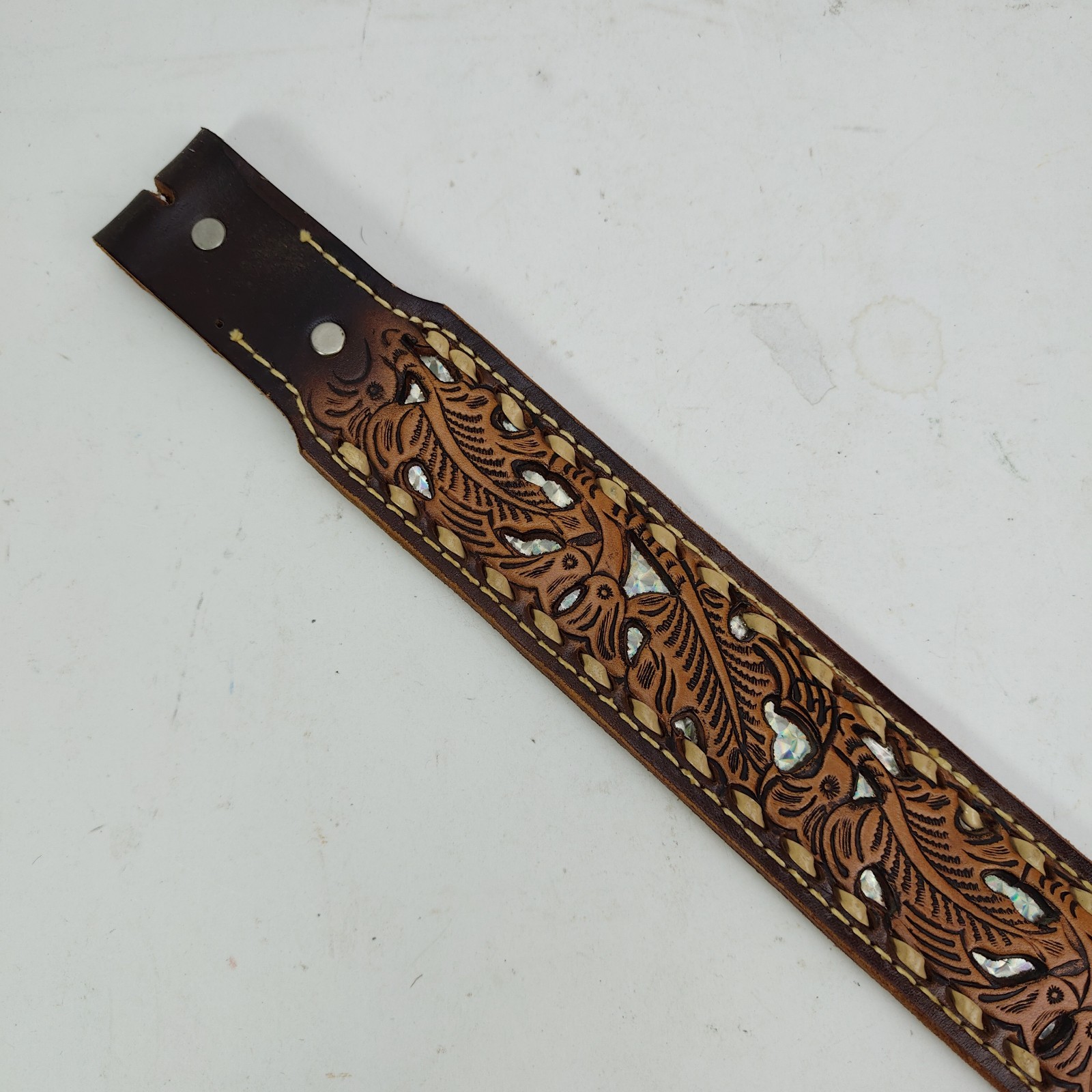 Vintage Tooled Western Leather Name Belt Gary GWB Mother of Pearl Inlay Size 38&Prime;