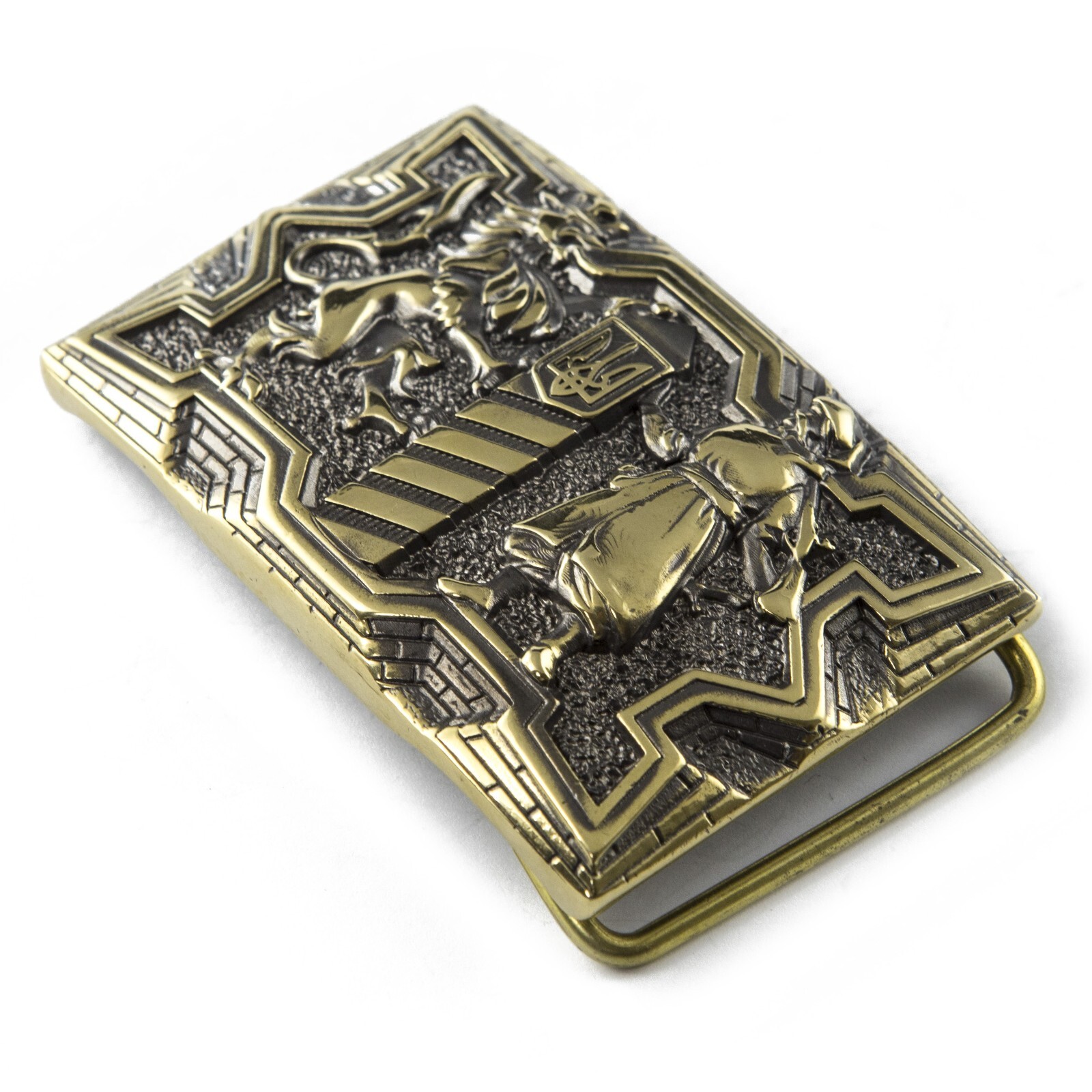 Brass belt buckle Guardians, Military, Cossack and Lion, Ukrainian belt buckle