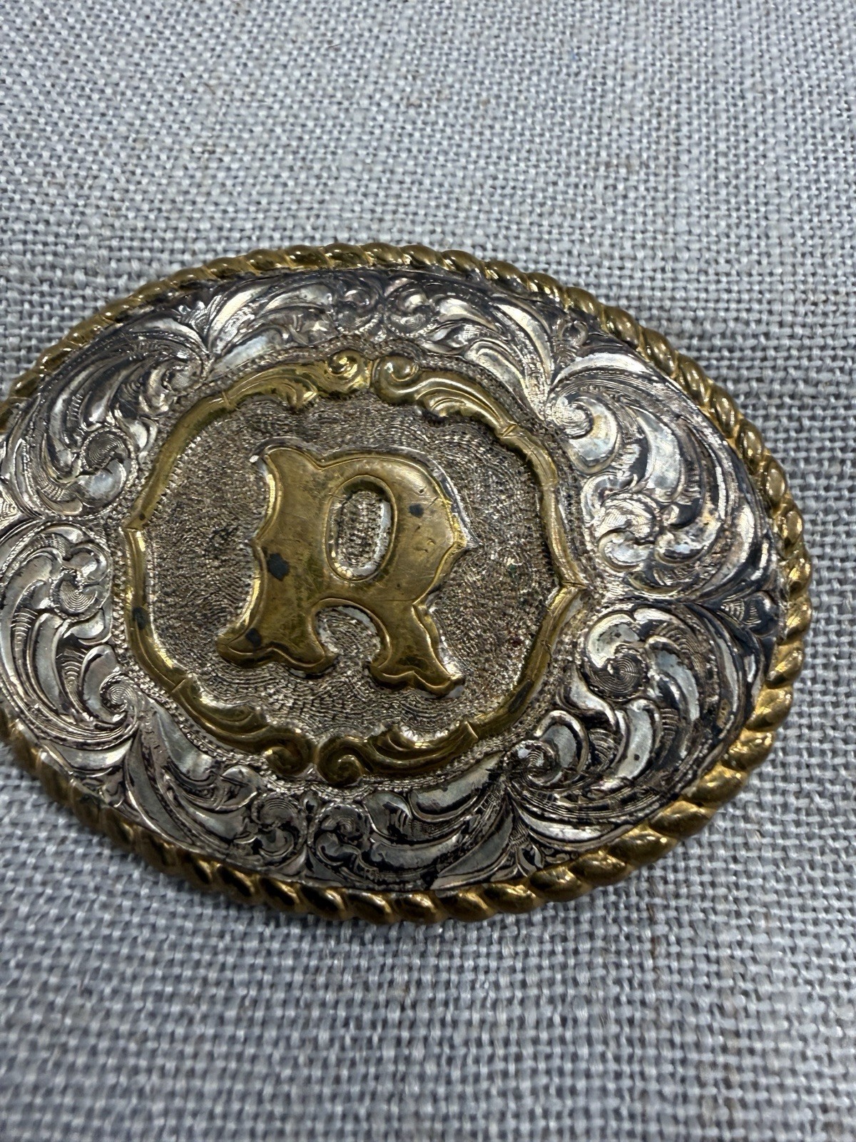 Vintage Crumrine Initial R Western Belt Buckle Silver Plate Bronze USA