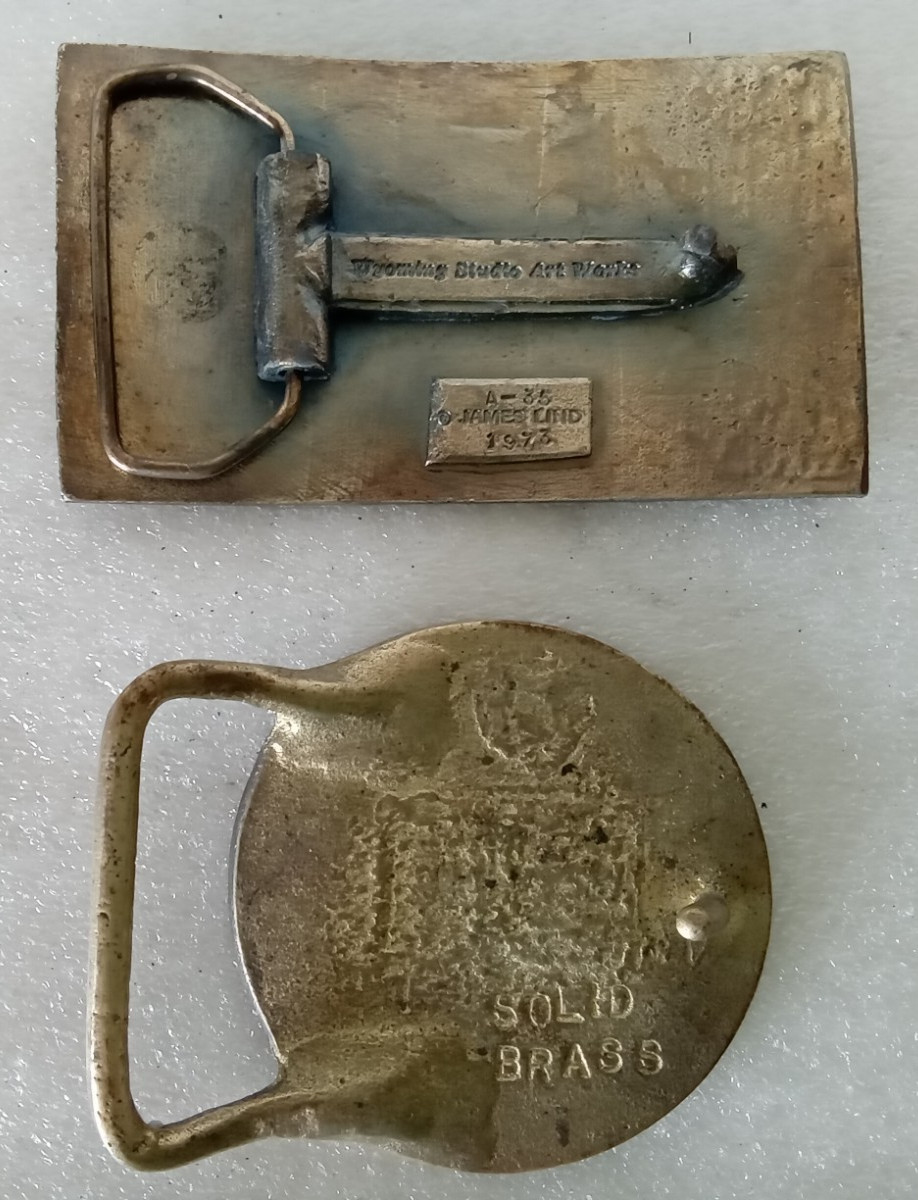 Vintage Brass Belt Buckles. Patriotic 1970&rsquo;s. Flag & Liberty Bell. Lot of 2.