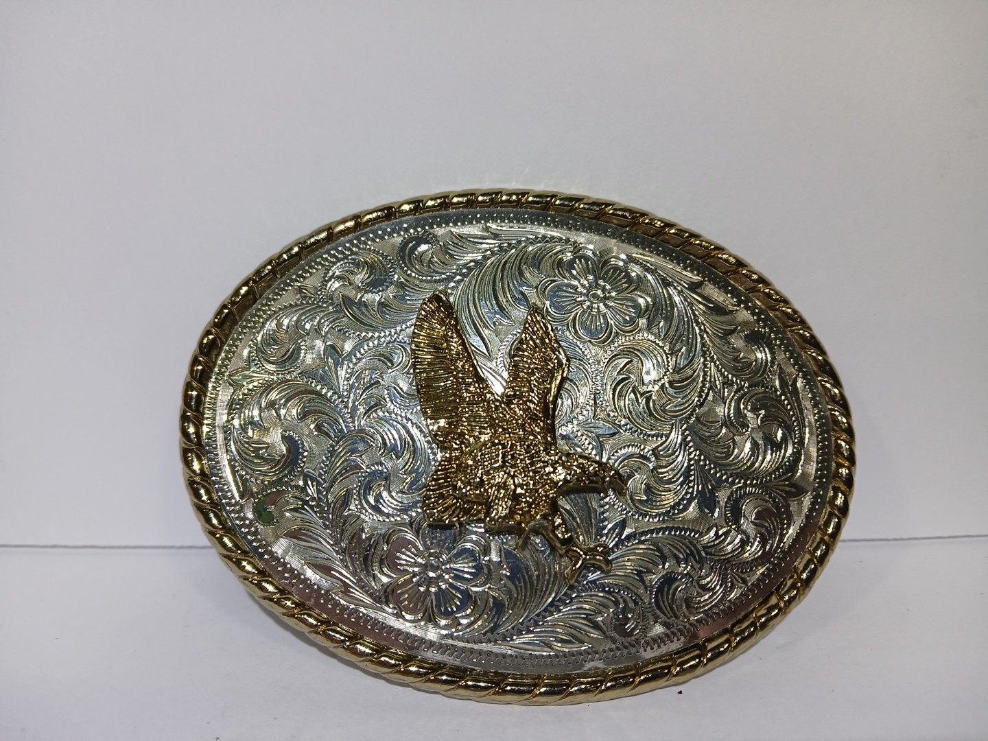Golden Bronze Eagle On Silver Plated Western Style Belt Buckle – Made In USA