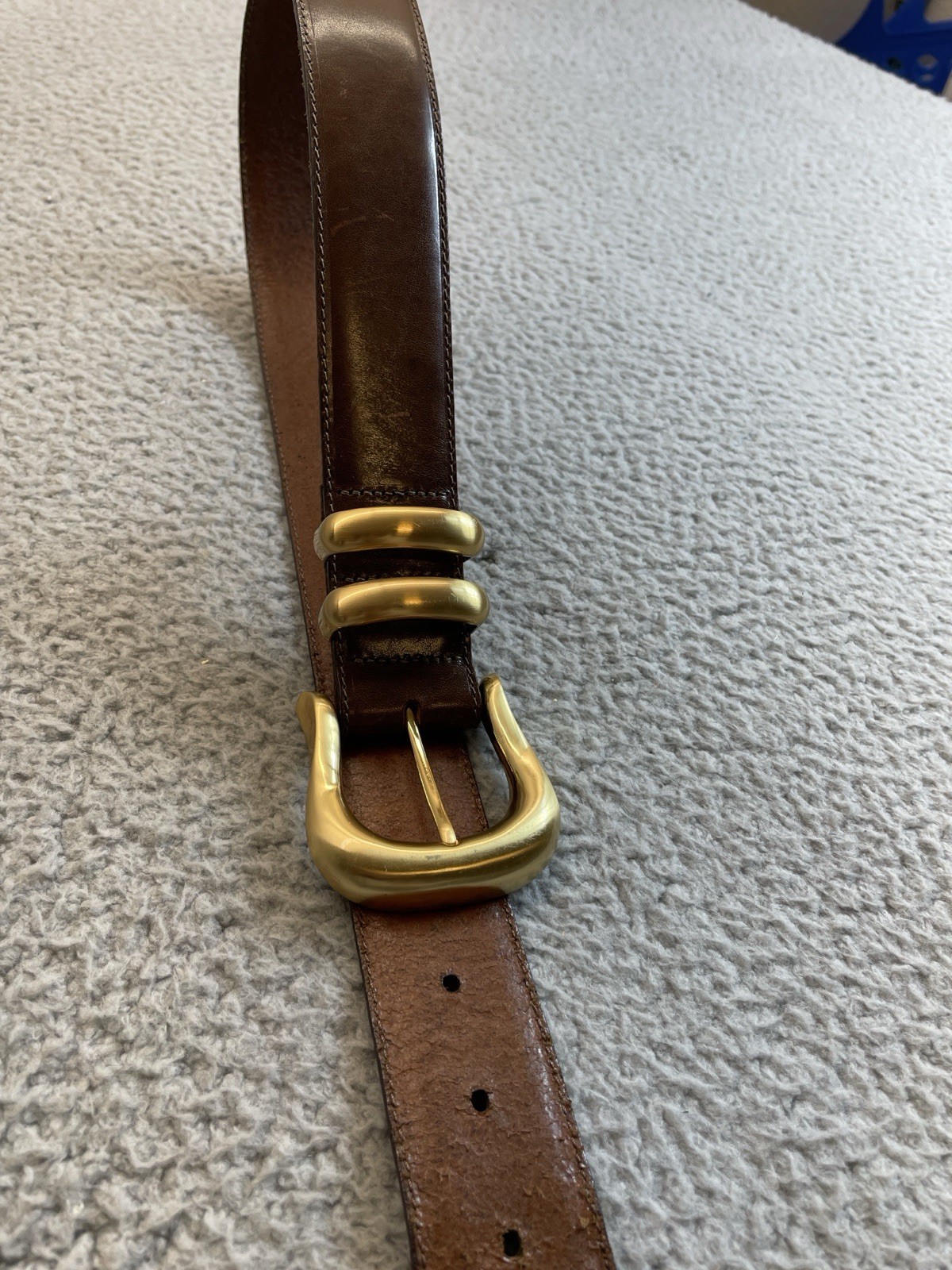 VTG Brighton Leather Belt Size M Brown Gold Buckle USA Made Chunky Double Keeper