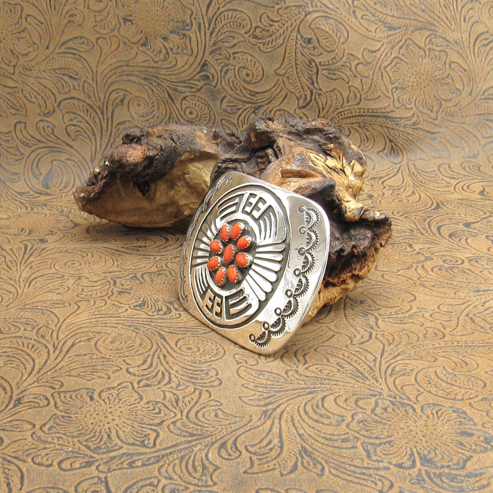 *Navajo Coral Hand Stamped Sterling Silver Overlay Belt Buckle
