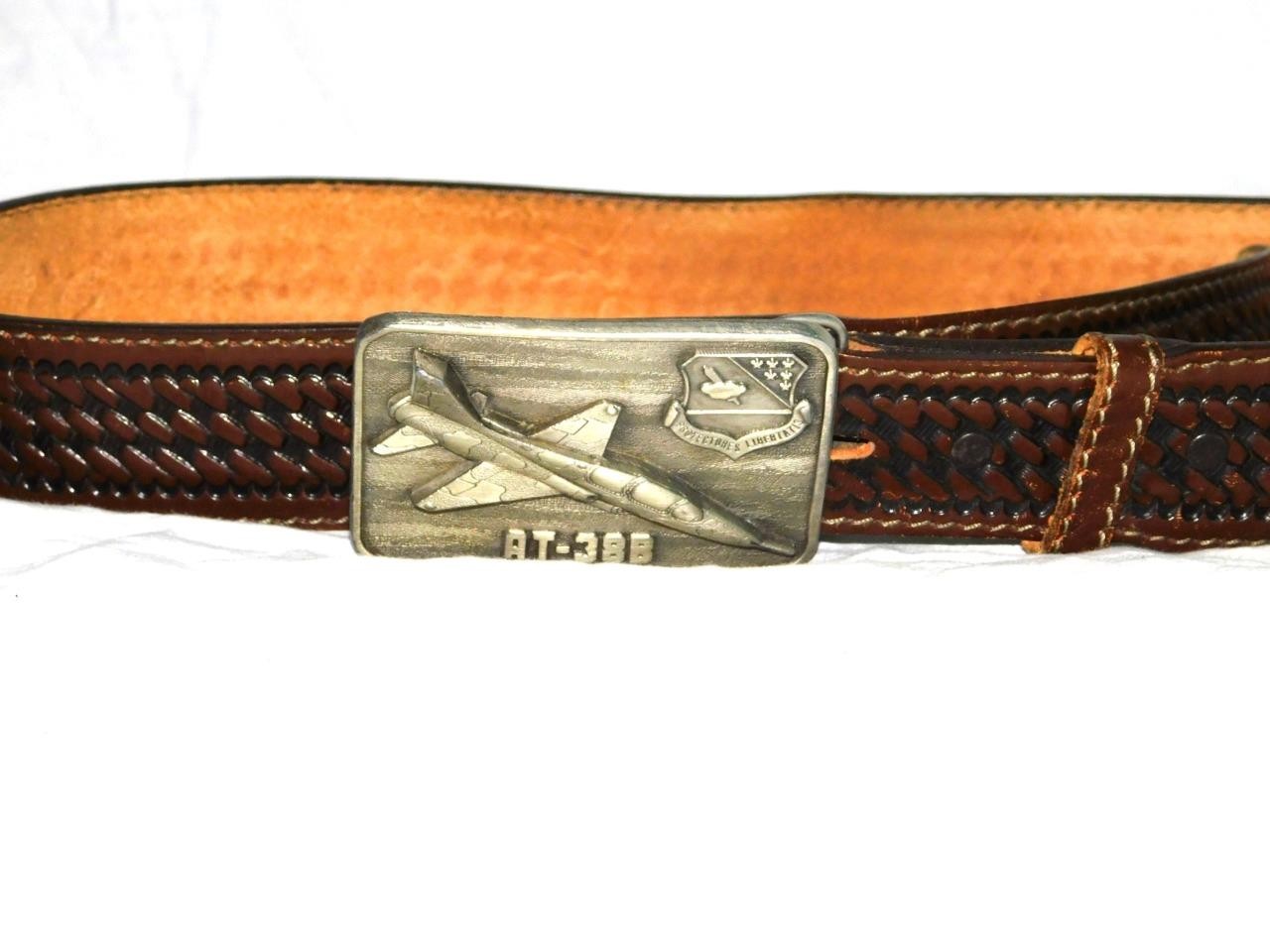VTG AT-38B Fighter Jet Belt Buckle On Size 38 Brown Woven Leather Belt USAF