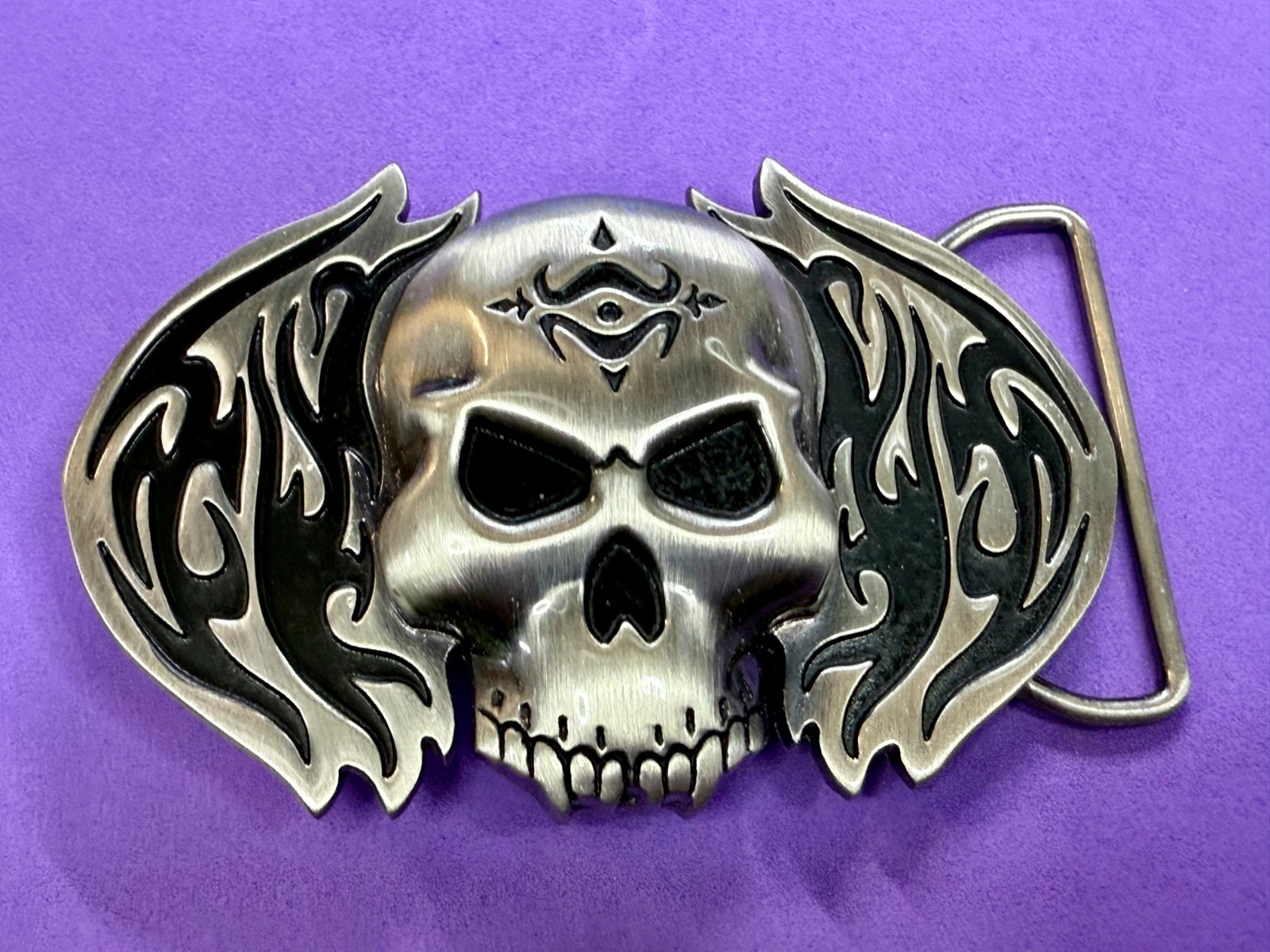 Skull with Flames Cutout Silver & Black Color Silver Moon Creations Belt Buckle